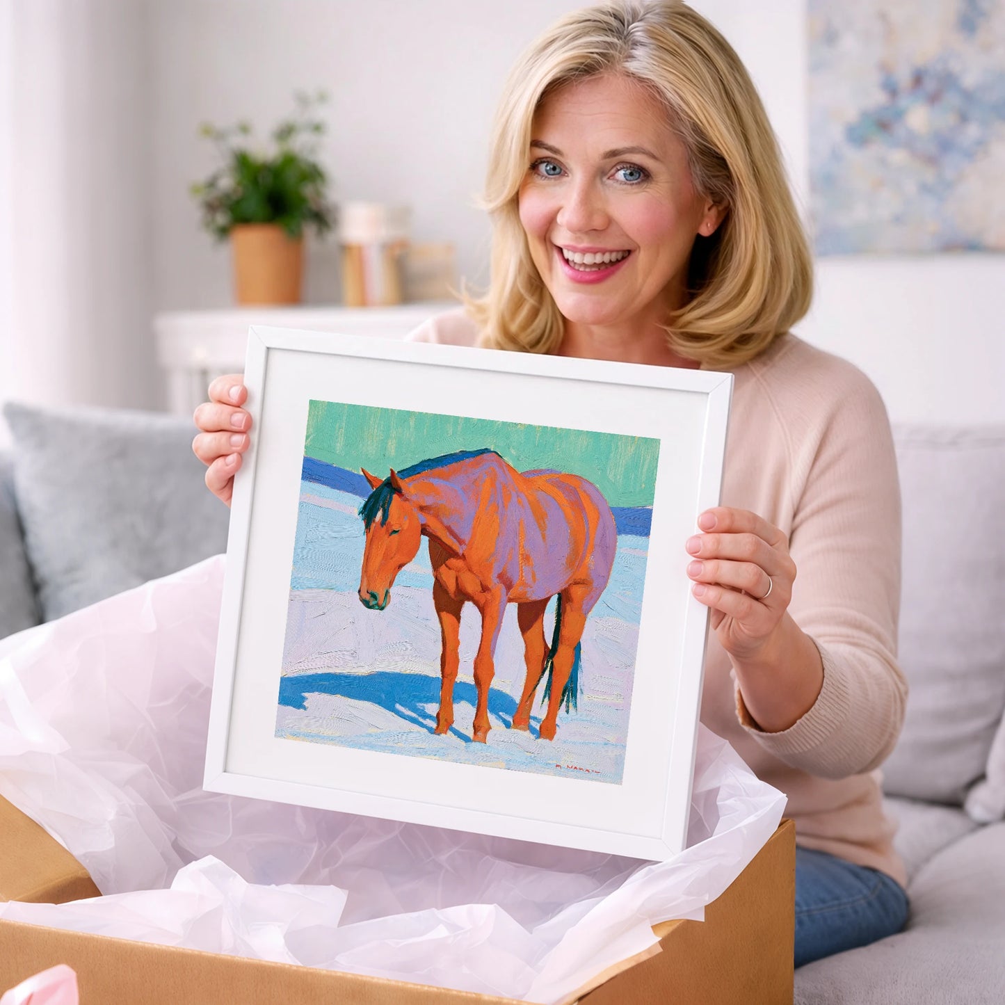 Vivid Chestnut Horse in Snow - horse breed art gift idea for horse lovers