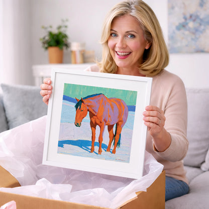 Vivid Chestnut Horse in Snow - horse breed art gift idea for horse lovers
