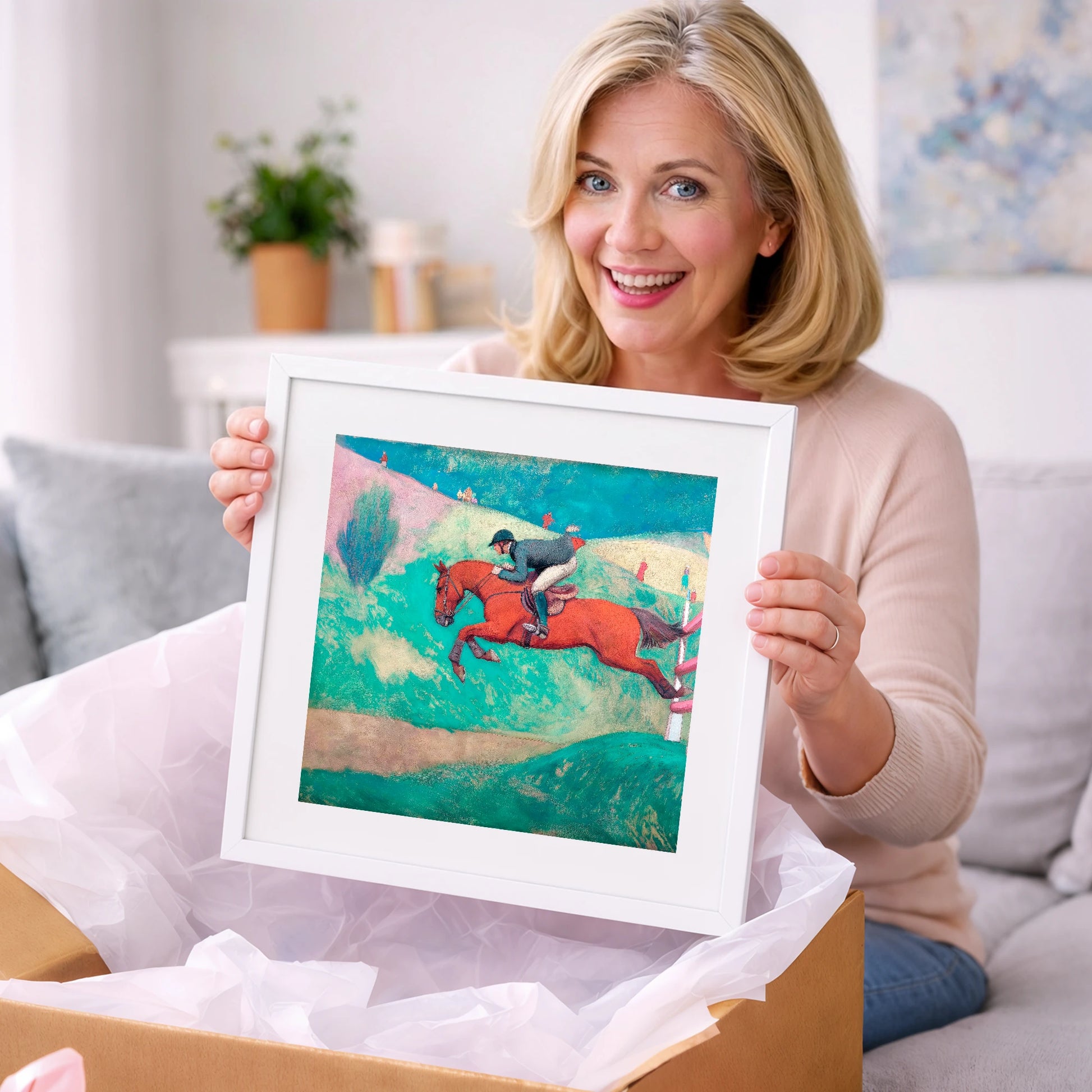 Flight Over Emerald Hills - show jumping horse art gift idea for horse lovers