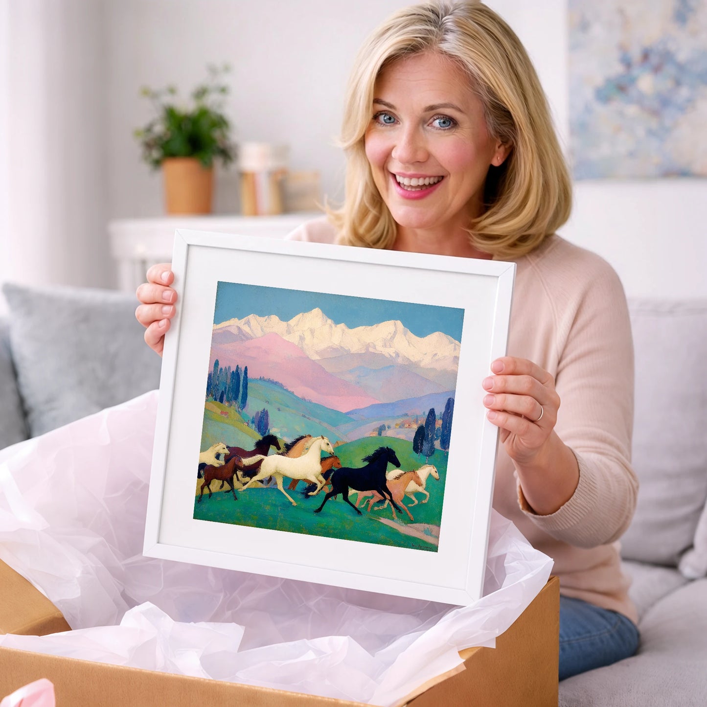 Vibrant Alpine Herd - horse landscape art gift idea for horse lovers