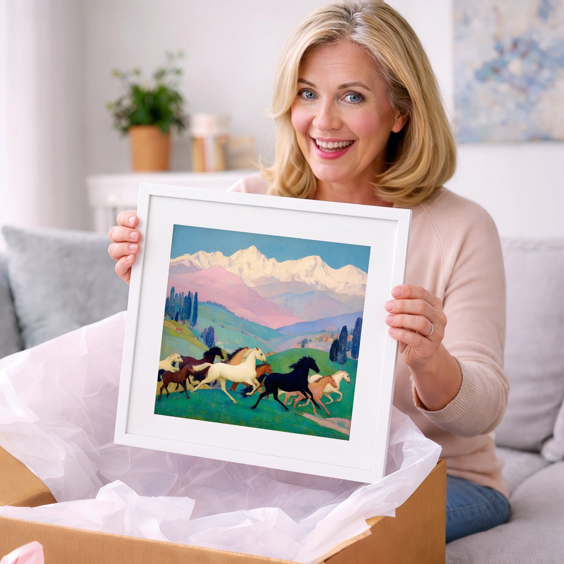 Vibrant Alpine Herd - horse landscape art gift idea for horse lovers