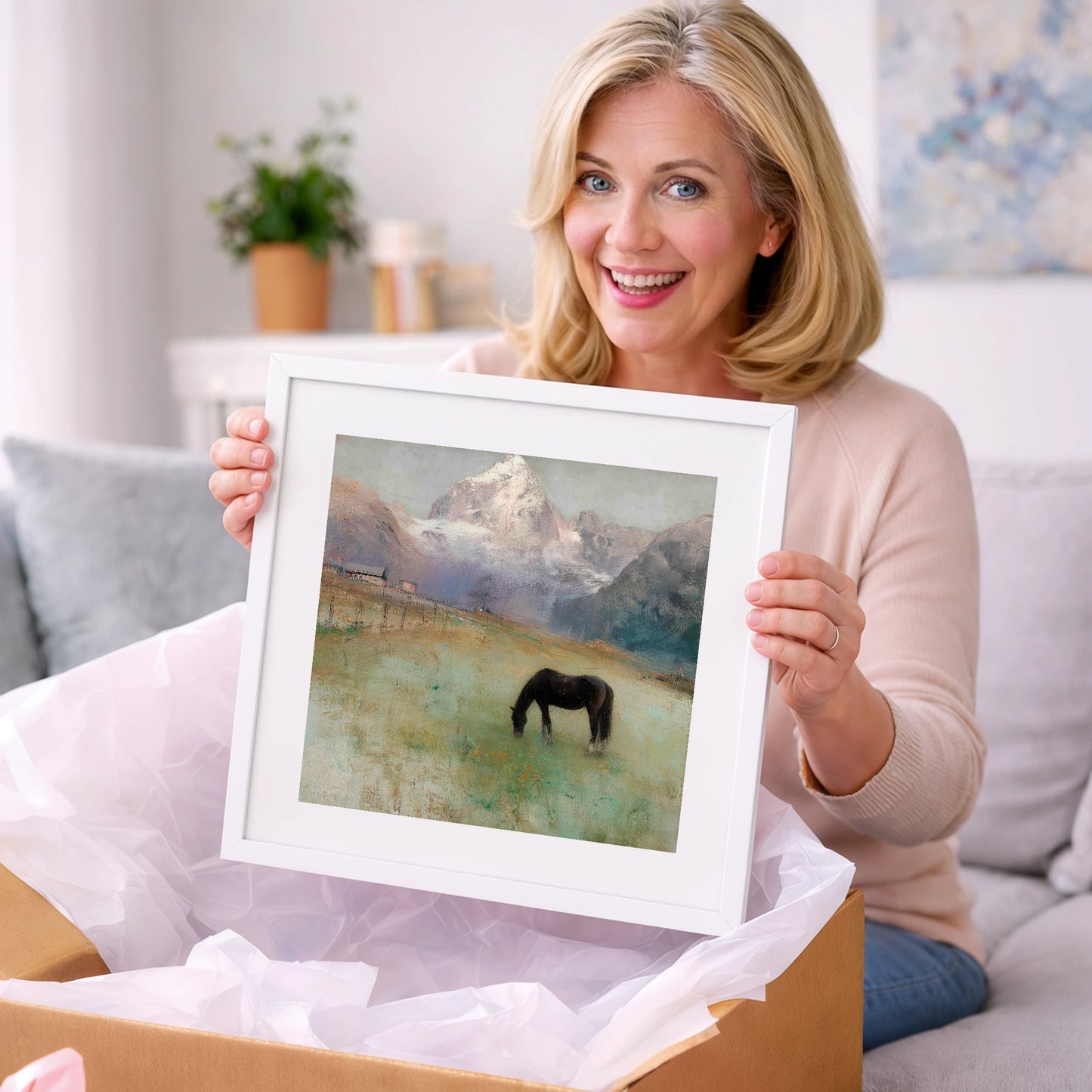 Alpine Pasture Solitude - horse landscape art gift idea for horse lovers