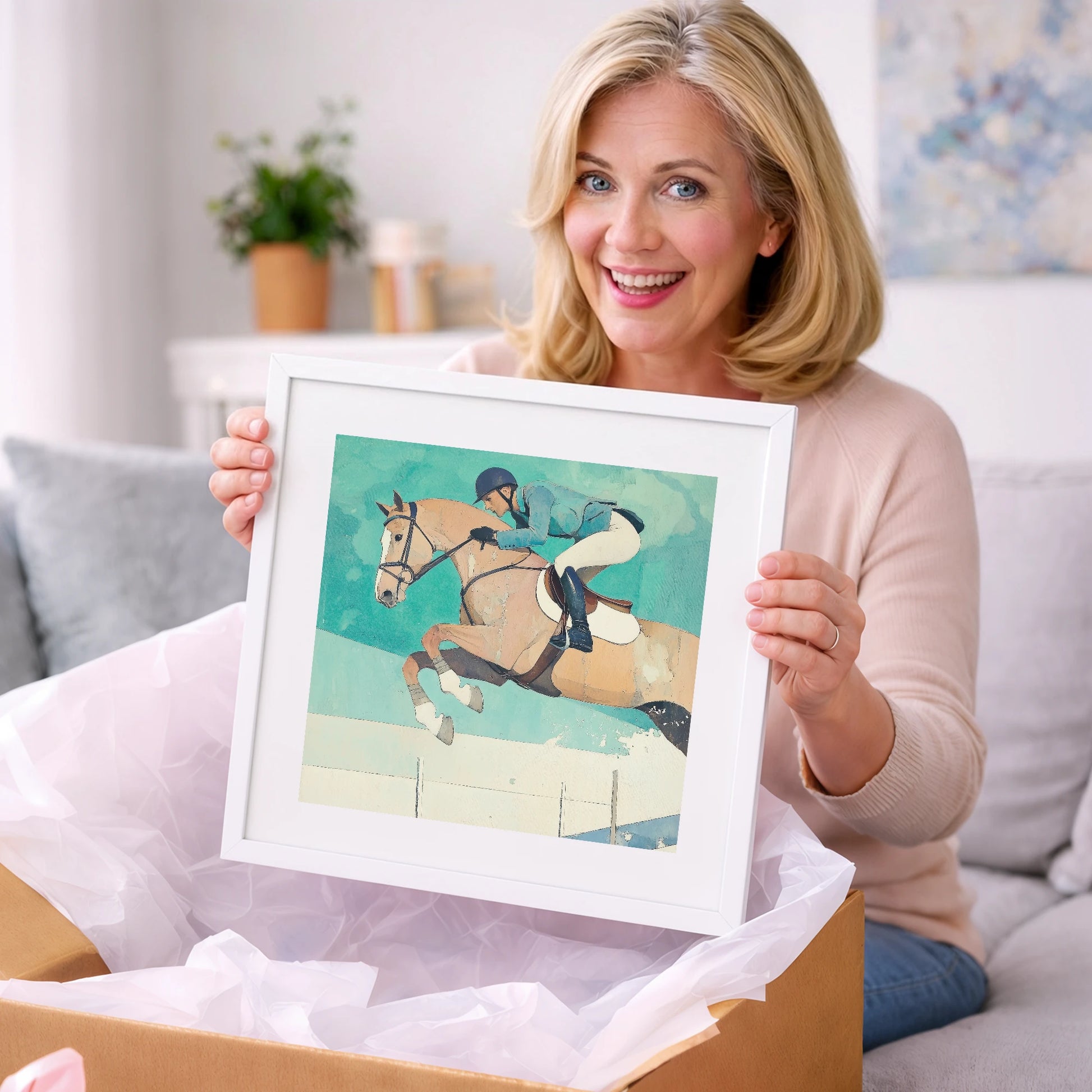 Aquamarine Flight - show jumping horse art gift idea for horse lovers
