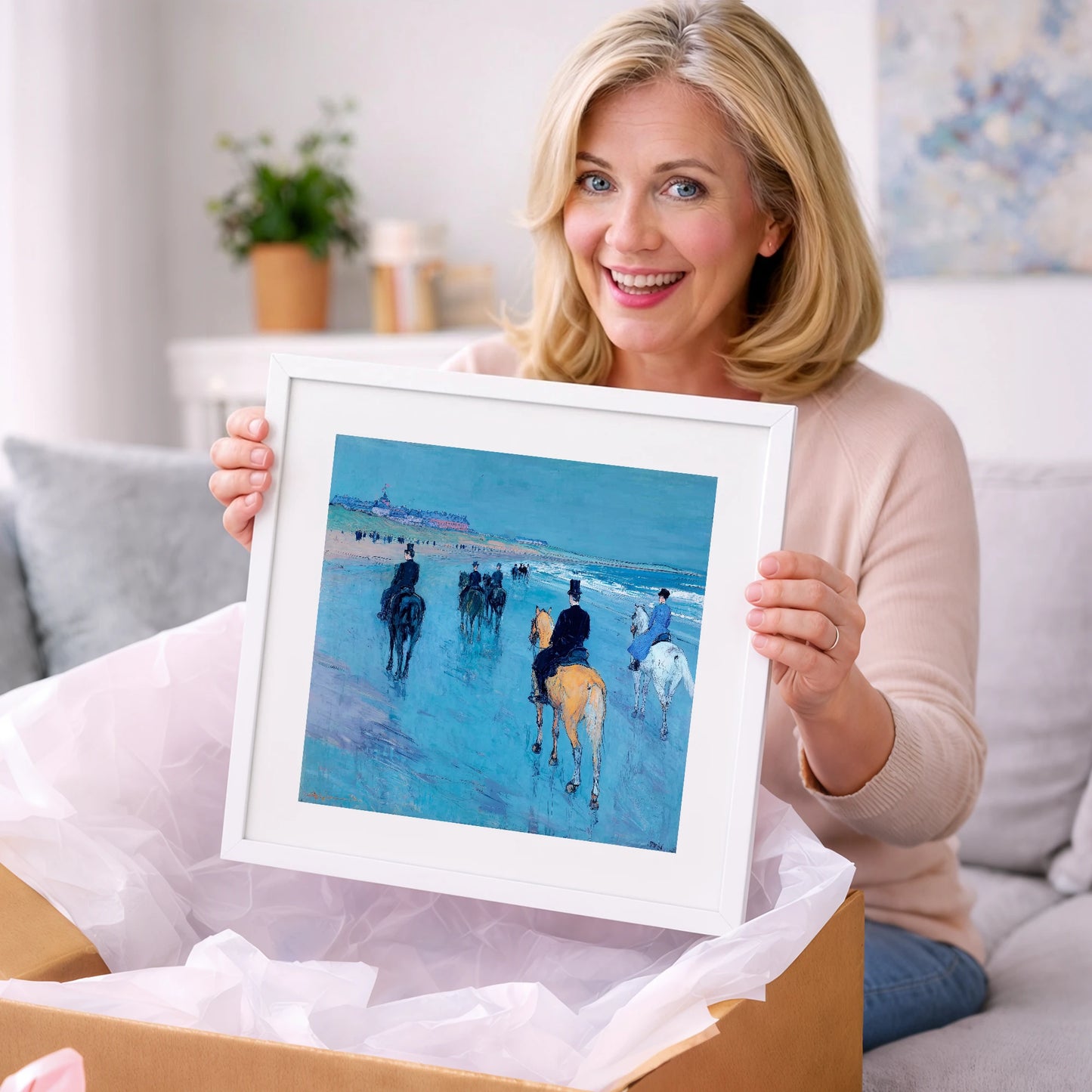 Azure Shore Riders - horse landscape art gift idea for horse lovers