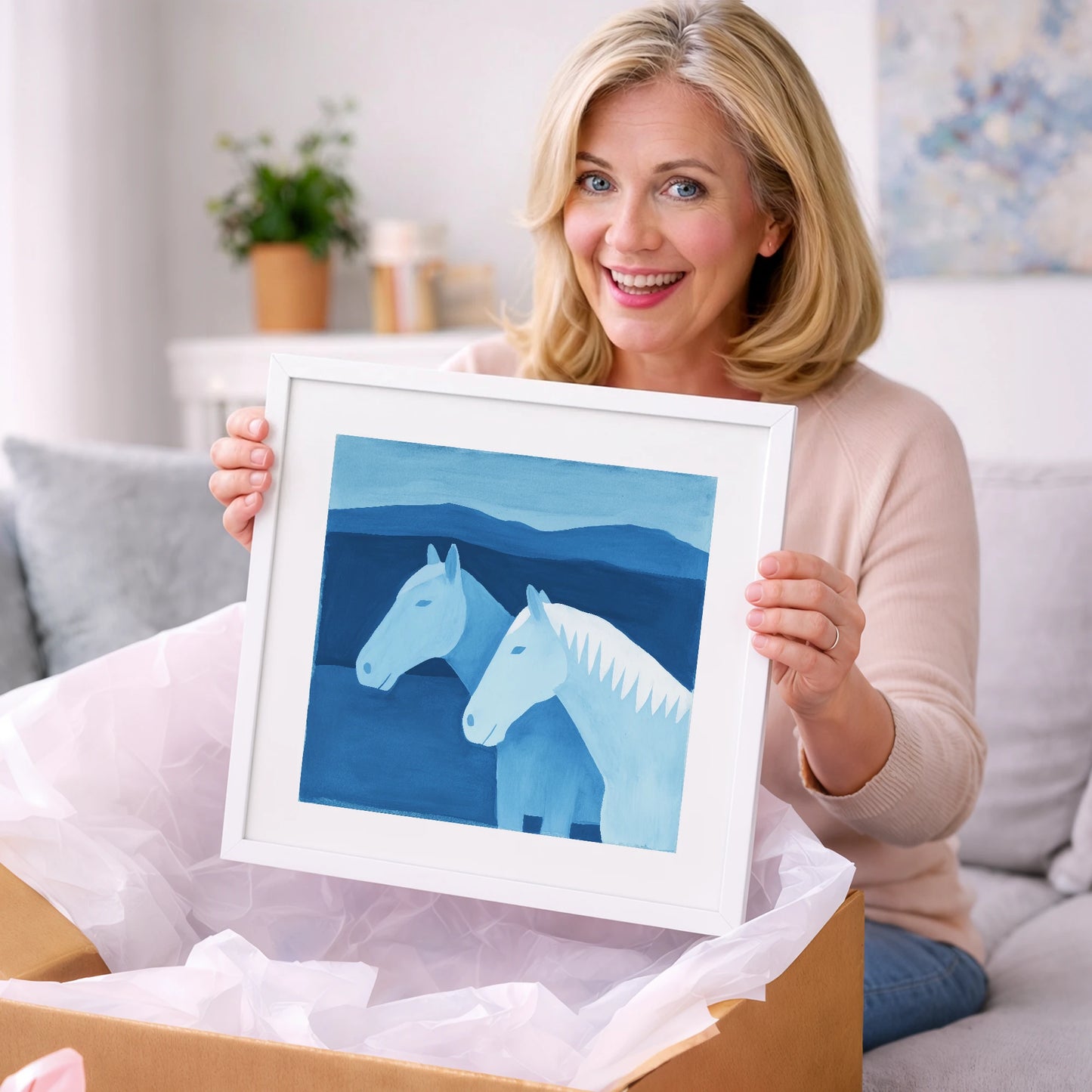 Azure Mountain Companions - horse landscape art gift idea for horse lovers