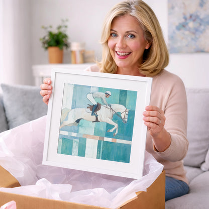 Aquamarine Ascent - show jumping horse art gift idea for horse lovers