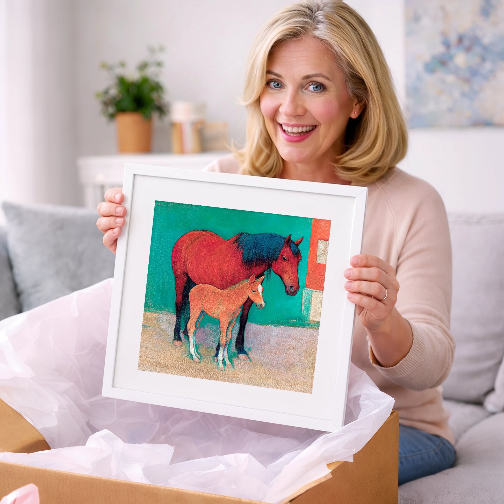 Crimson Mare and Foal - mare & foal art gift idea for horse lovers