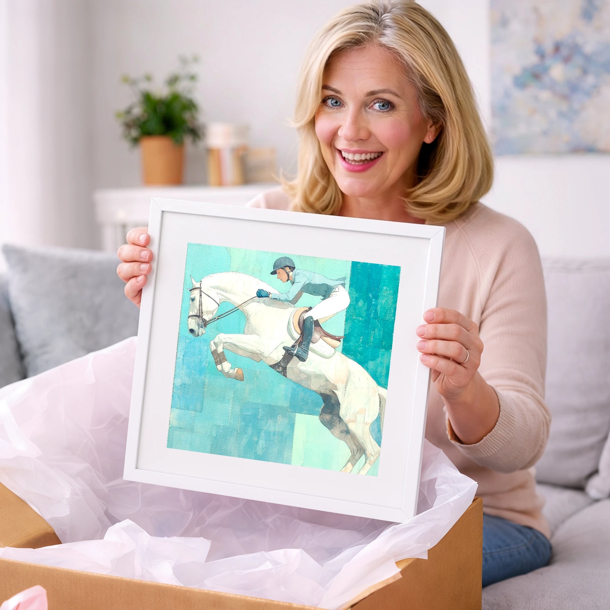 Airborne in Aquamarine - show jumping horse art gift idea for horse lovers