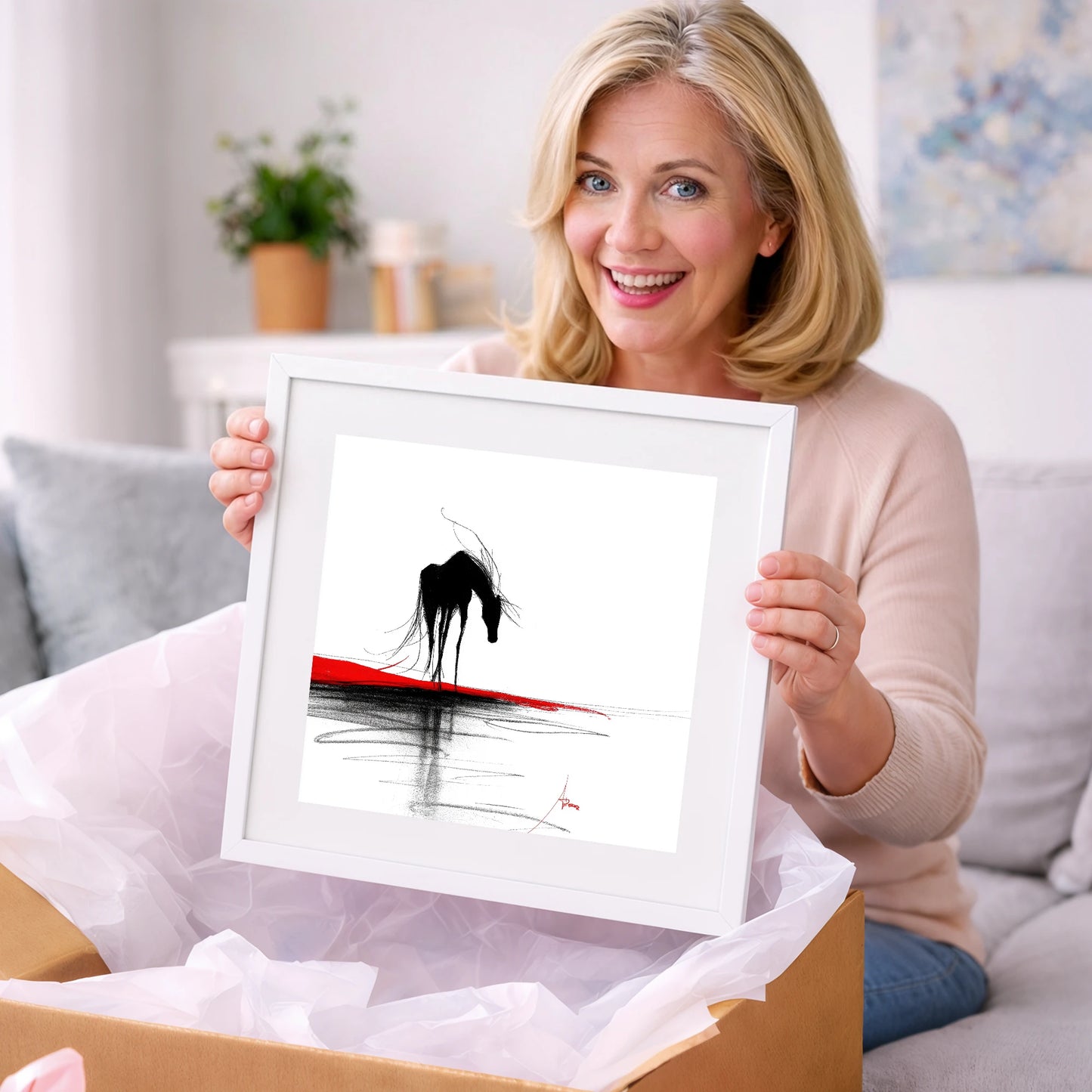 Crimson Horizon Silhouette - horse portrait art gift idea for horse lovers