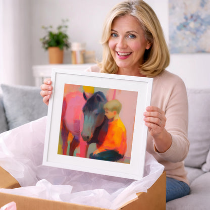 Vibrant Embrace - horse & rider art gift idea for horse lovers