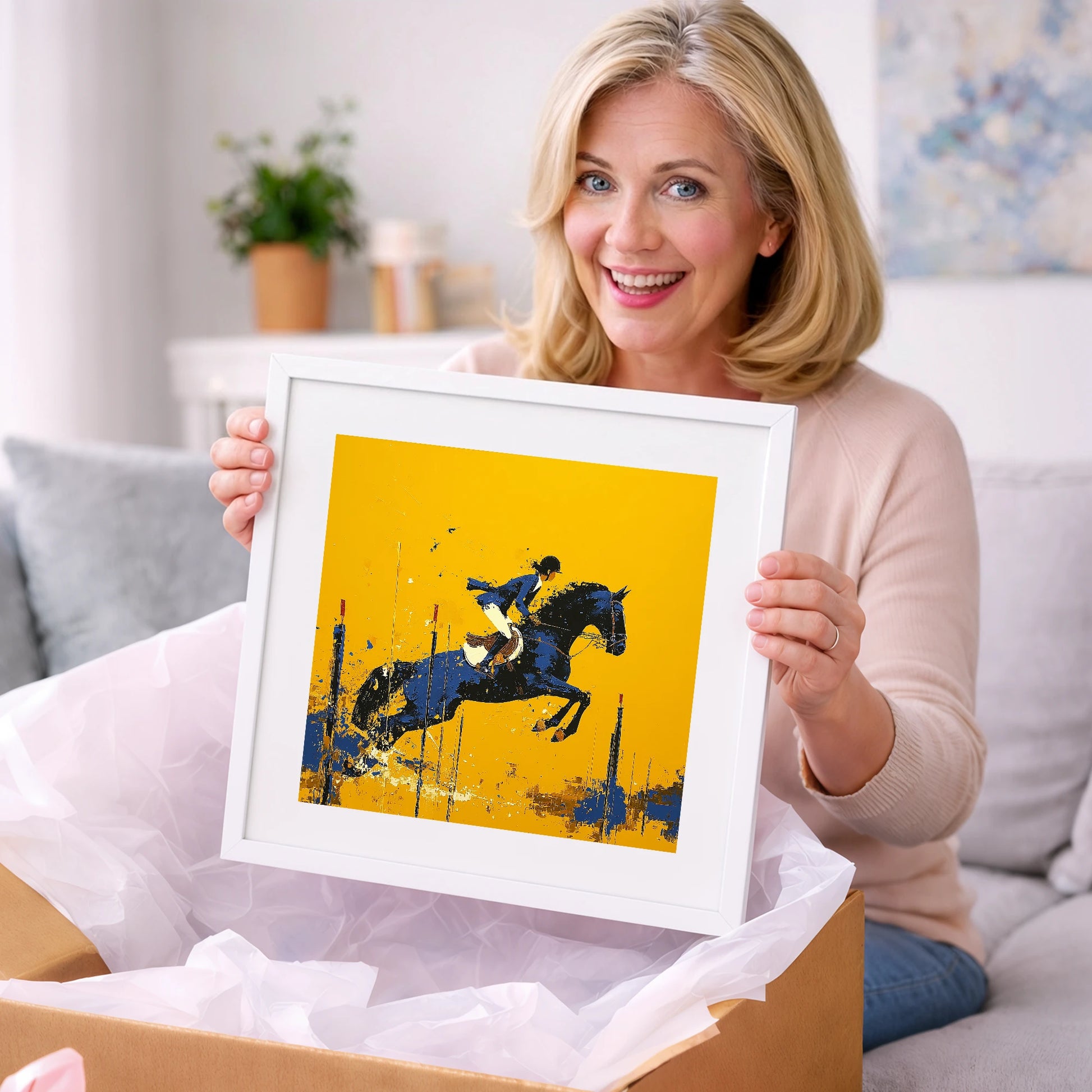 Airborne in Ochre - show jumping horse art gift idea for horse lovers