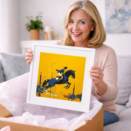 Airborne in Ochre - show jumping horse art gift idea for horse lovers