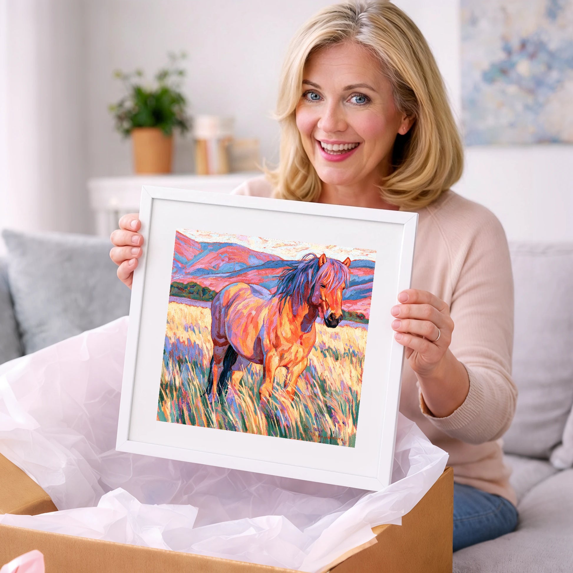 Colourful Horse in Golden Grass - horse breed art gift idea for horse lovers
