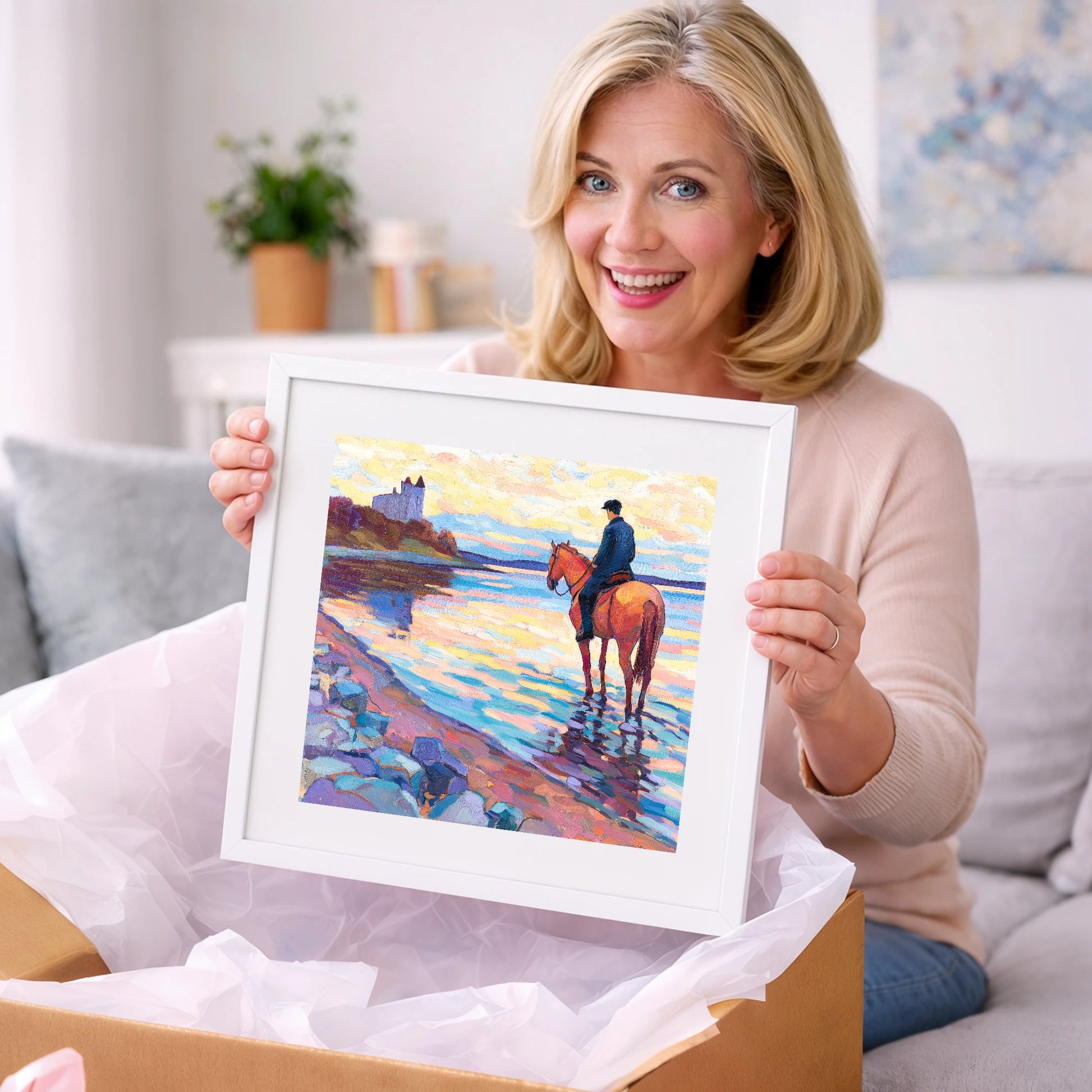 Rider at Castle Bay - beach horse art gift idea for horse lovers