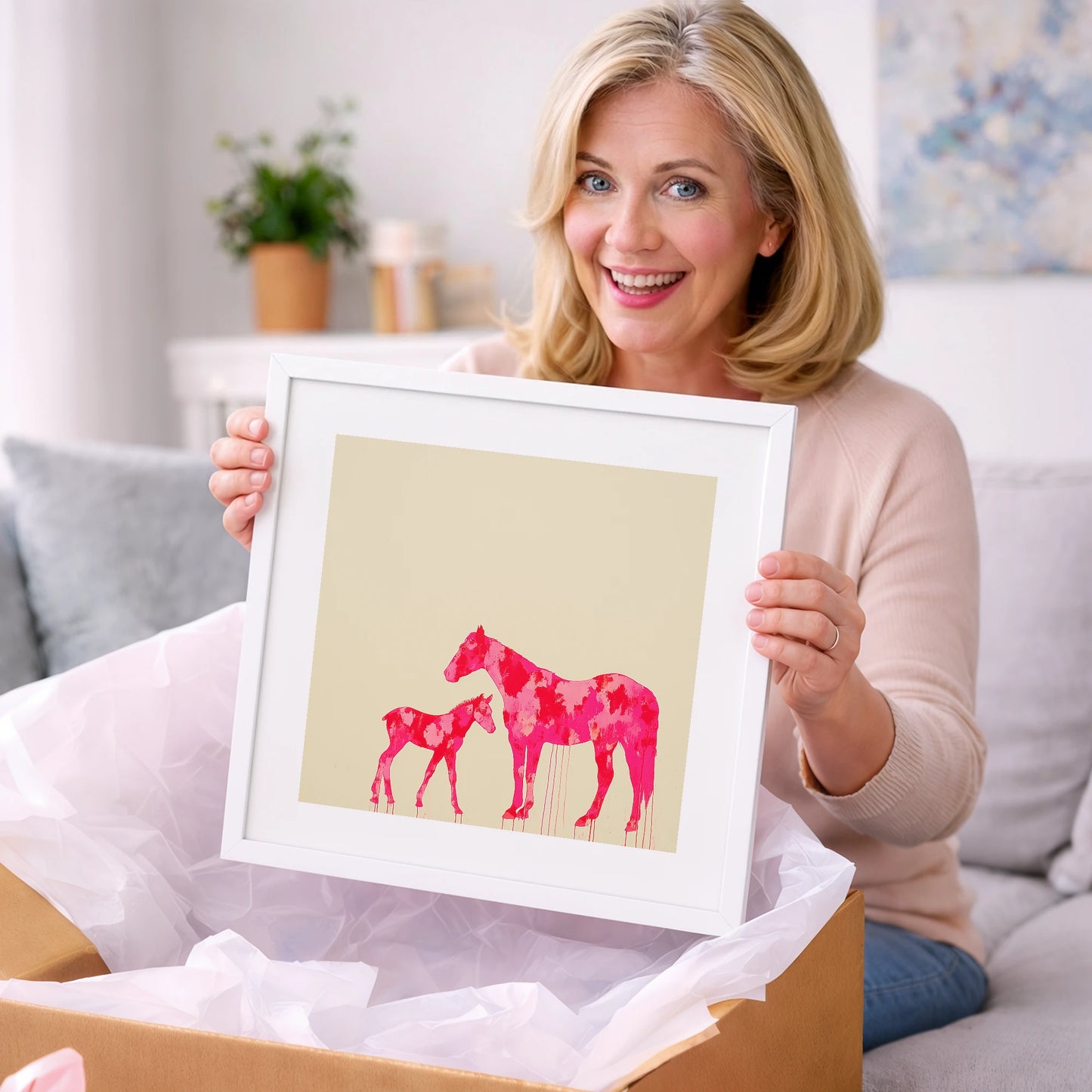 Magenta Mare and Foal - mare & foal art gift idea for horse lovers