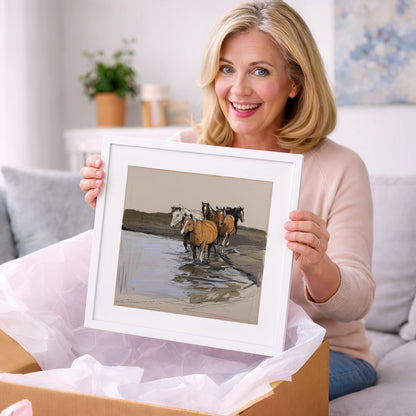 Herd at the Shallows - wild horses art gift idea for horse lovers