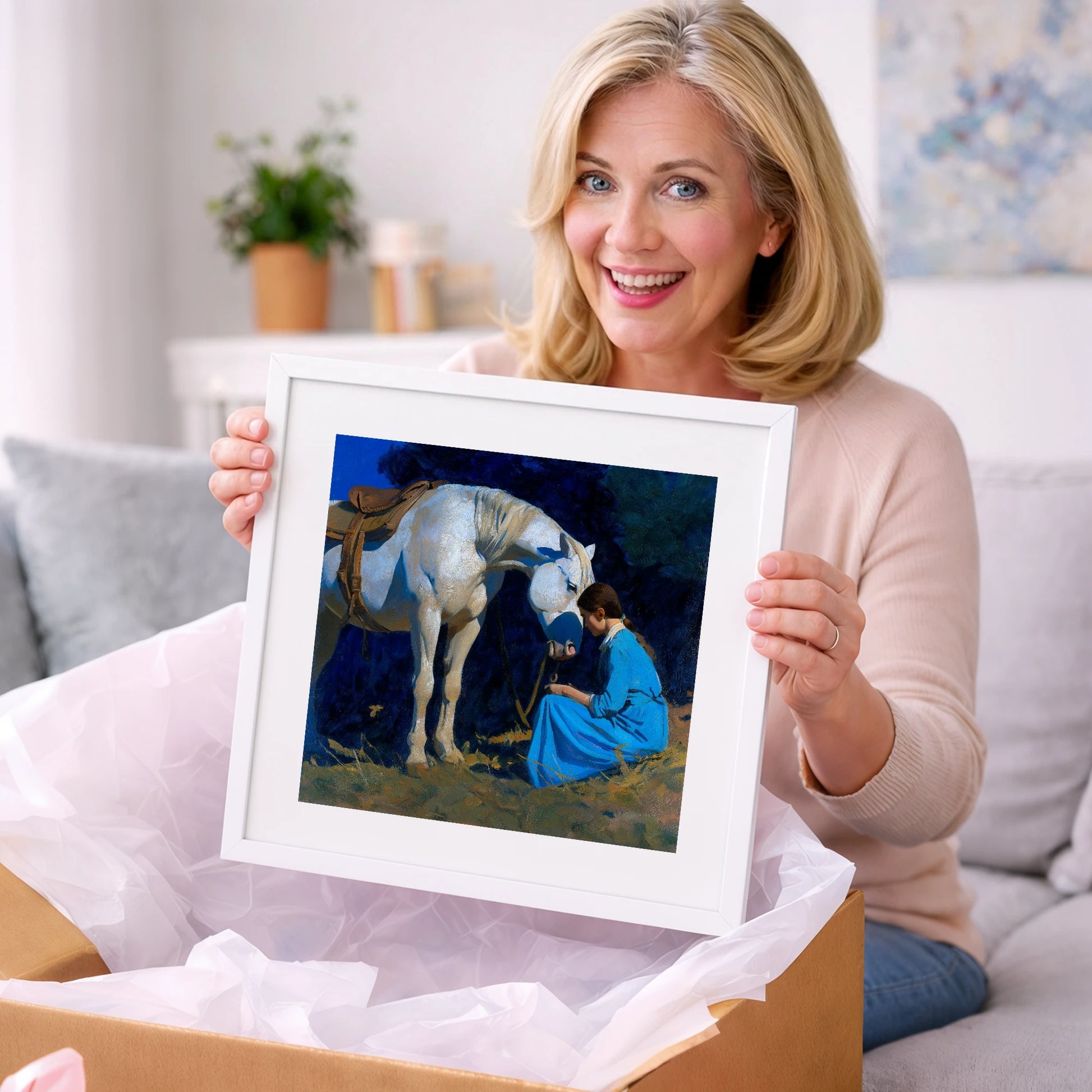 Bond in Blue and Gold - horse & rider art gift idea for horse lovers