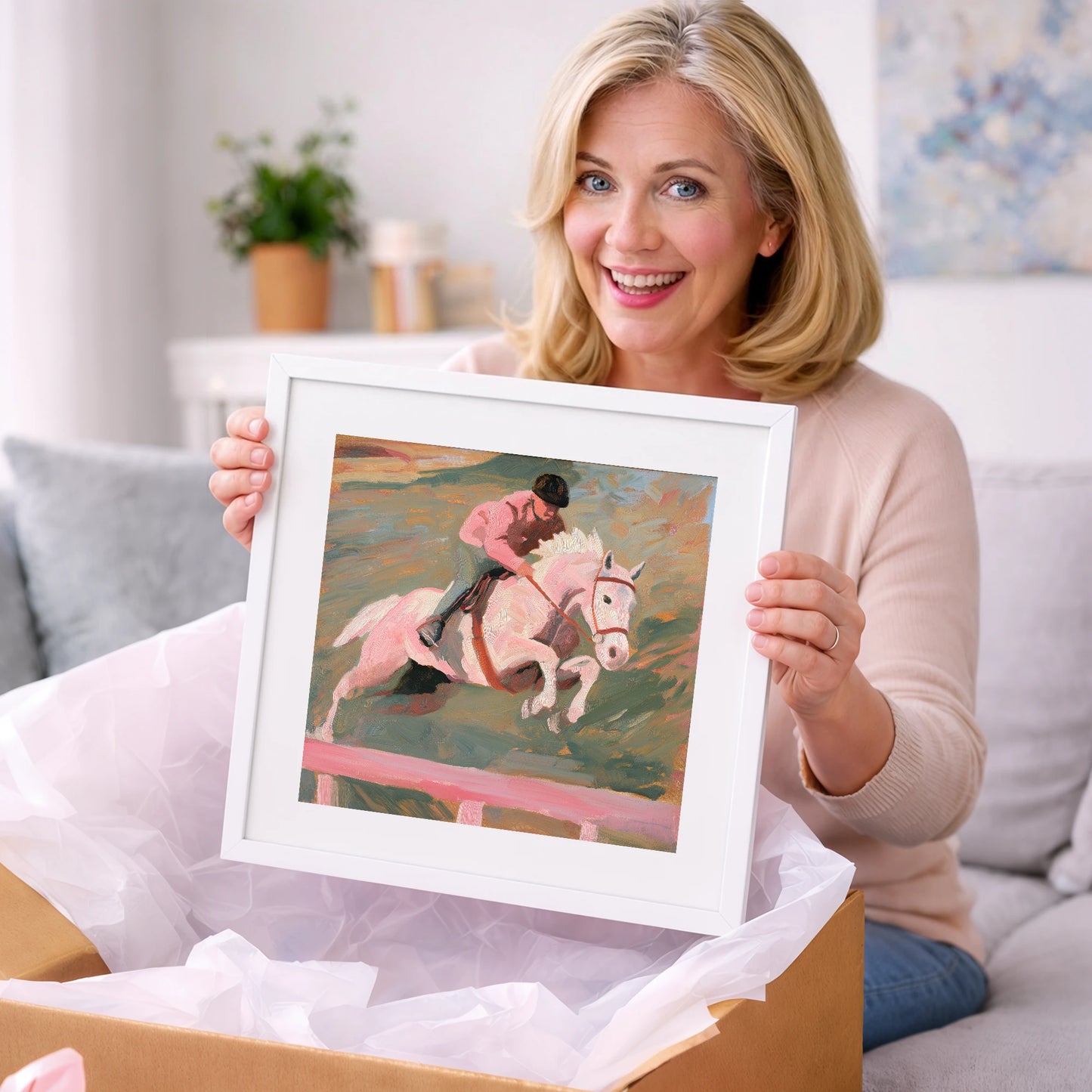 Airborne in Pastel - show jumping horse art gift idea for horse lovers