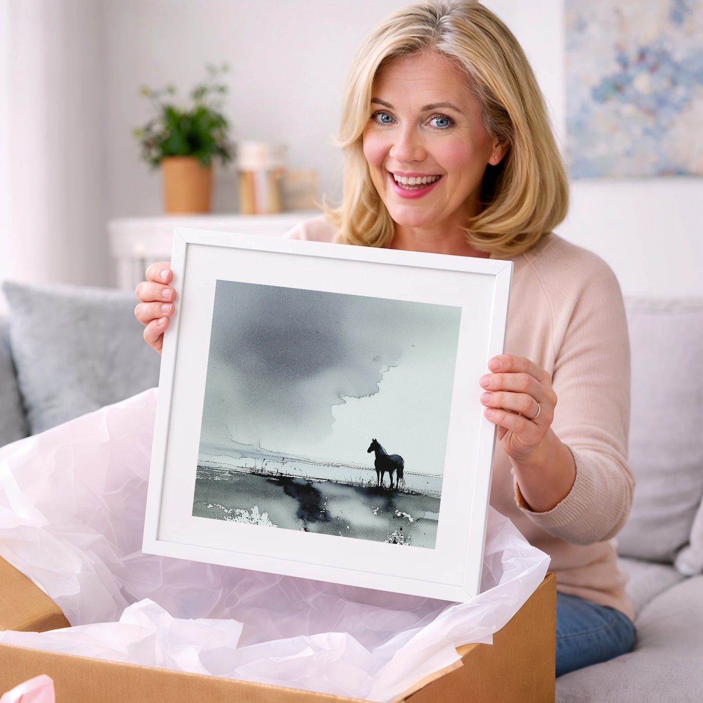 Quiet Grey Horizon - horse landscape art gift idea for horse lovers