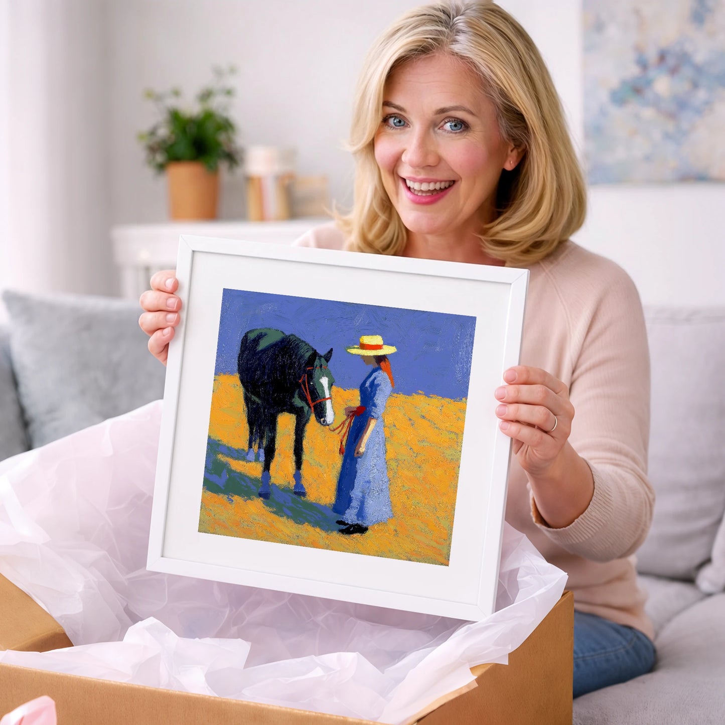 Golden Field Encounter - horse & rider art gift idea for horse lovers