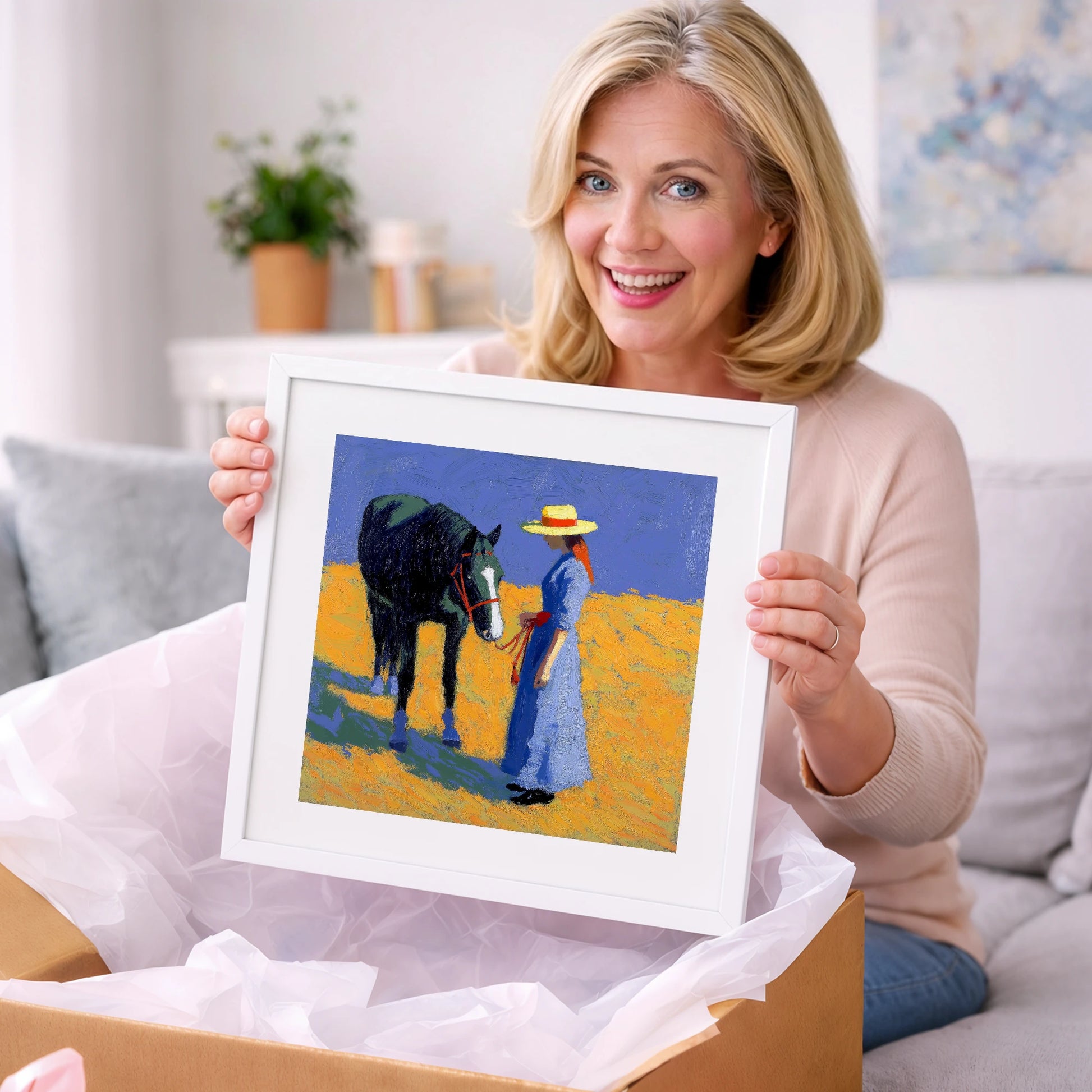 Golden Field Encounter - horse & rider art gift idea for horse lovers