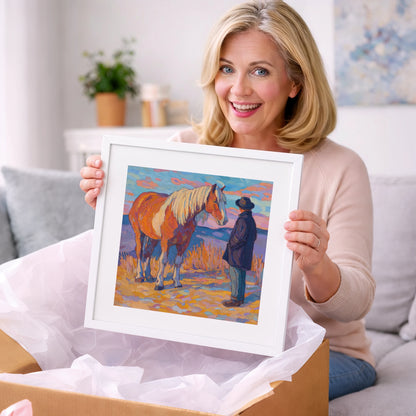 Golden Hour Harmony - horse & rider art gift idea for horse lovers
