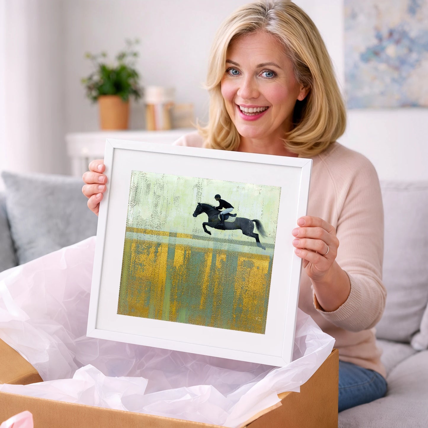 Flight Over Gold - show jumping horse art gift idea for horse lovers