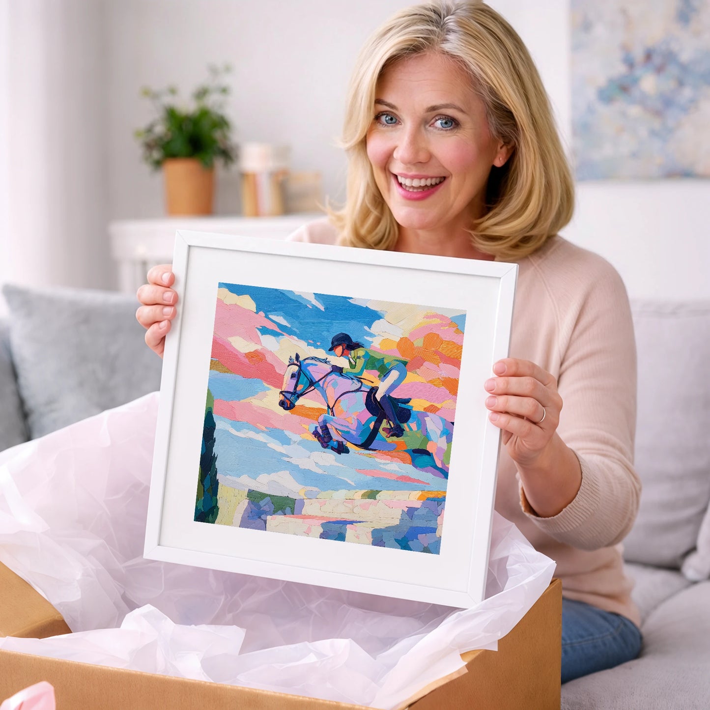 Technicolour Flight - show jumping horse art gift idea for horse lovers