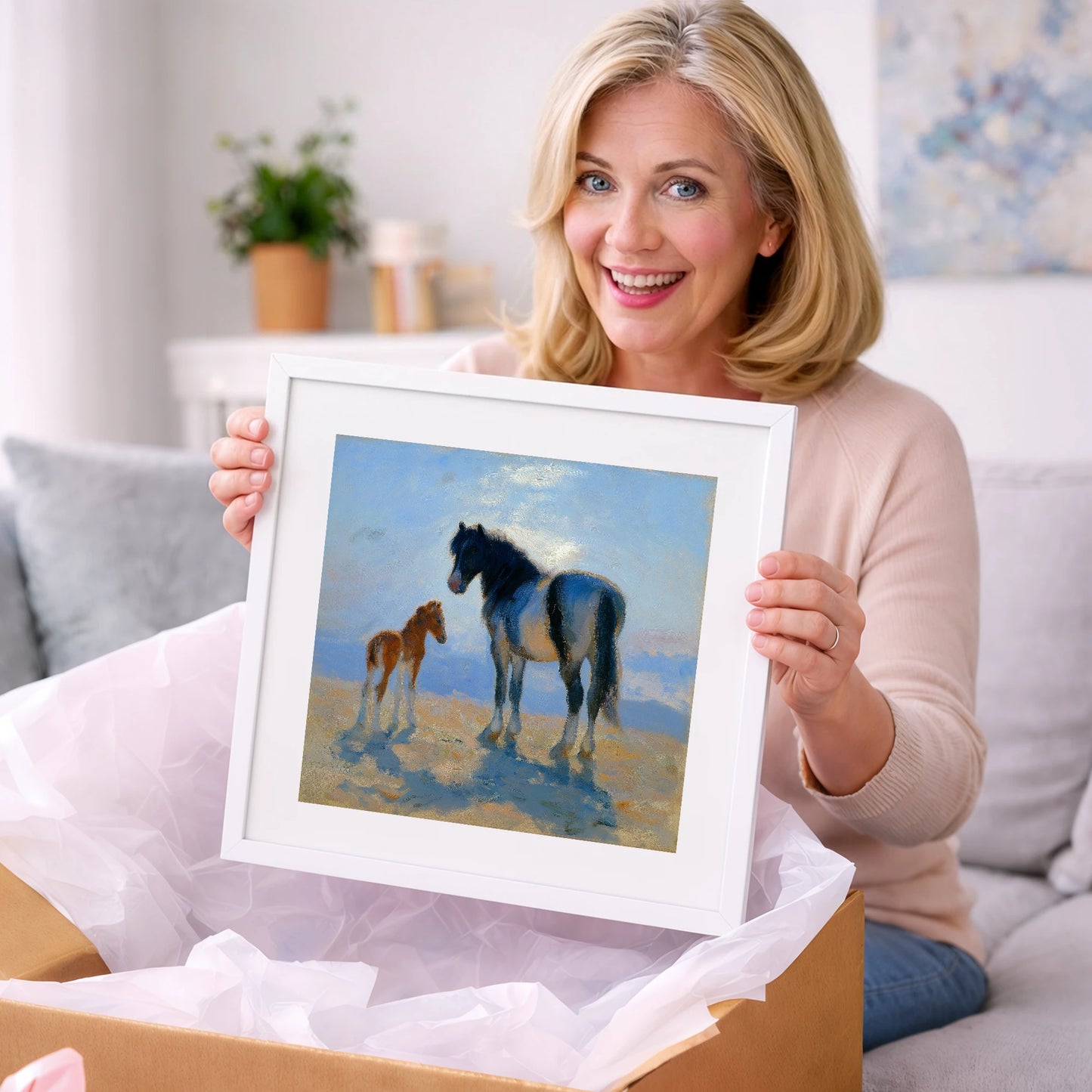 Cerulean Morning Light - mare & foal art gift idea for horse lovers