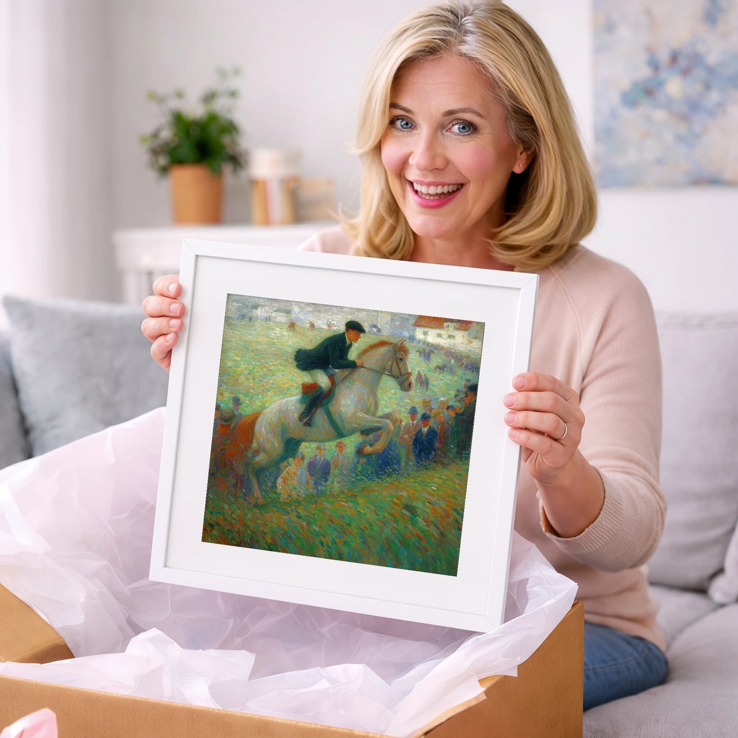 Luminous Grey in Flight - show jumping horse art gift idea for horse lovers