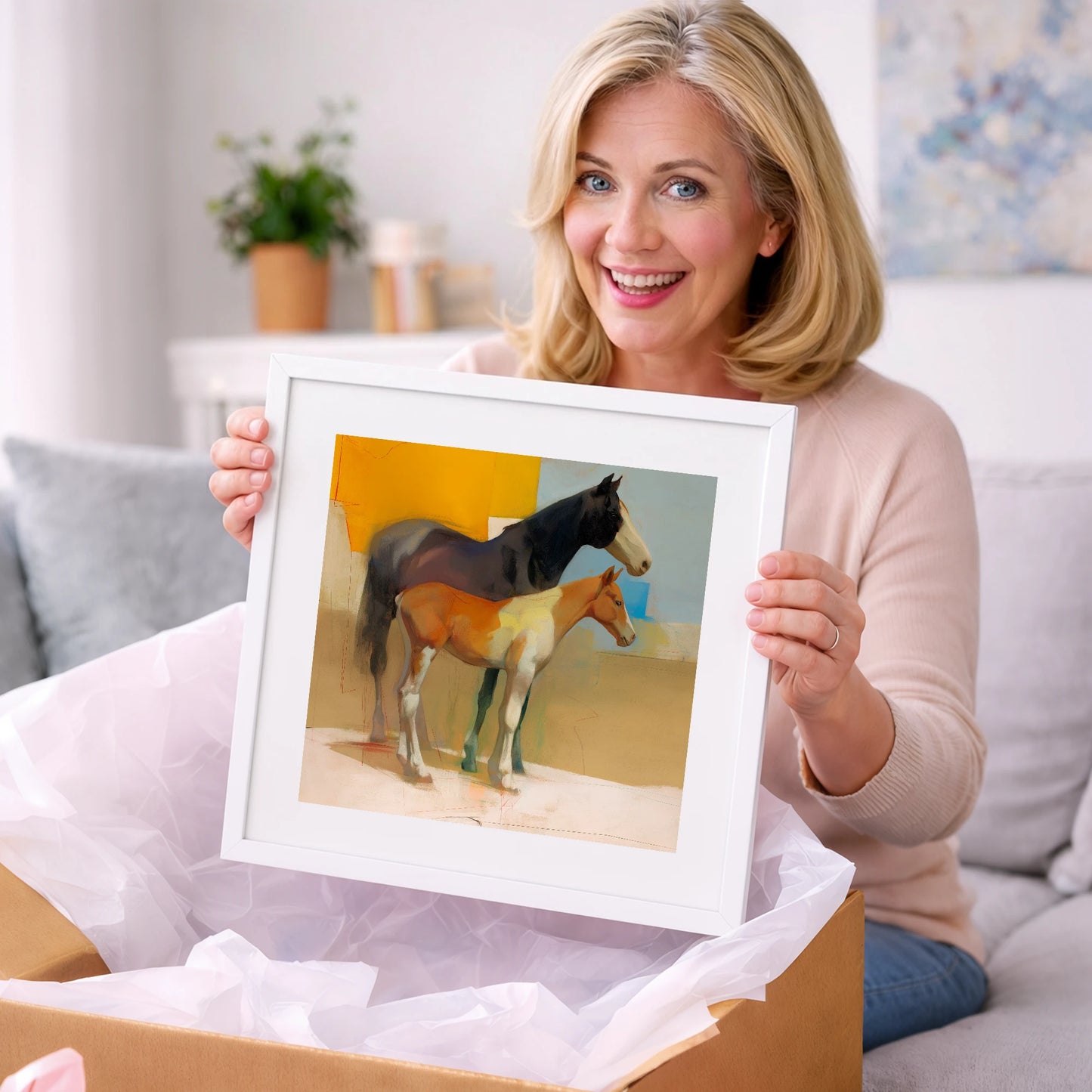 Sunlit Painted Foal - mare & foal art gift idea for horse lovers