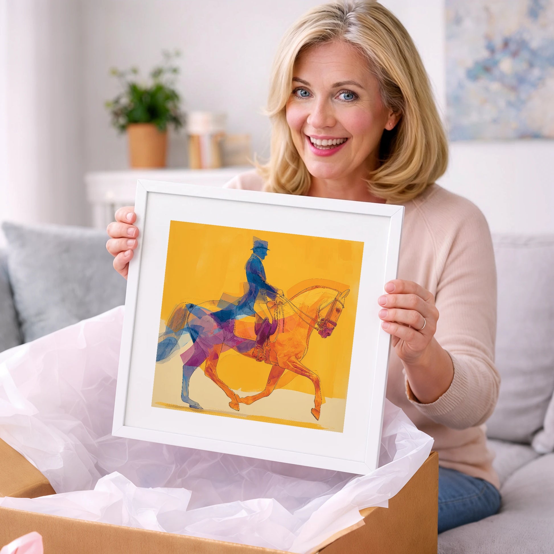 Cobalt and Gold Passage - dressage horse art gift idea for horse lovers