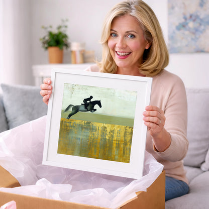 Golden Momentum - show jumping horse art gift idea for horse lovers