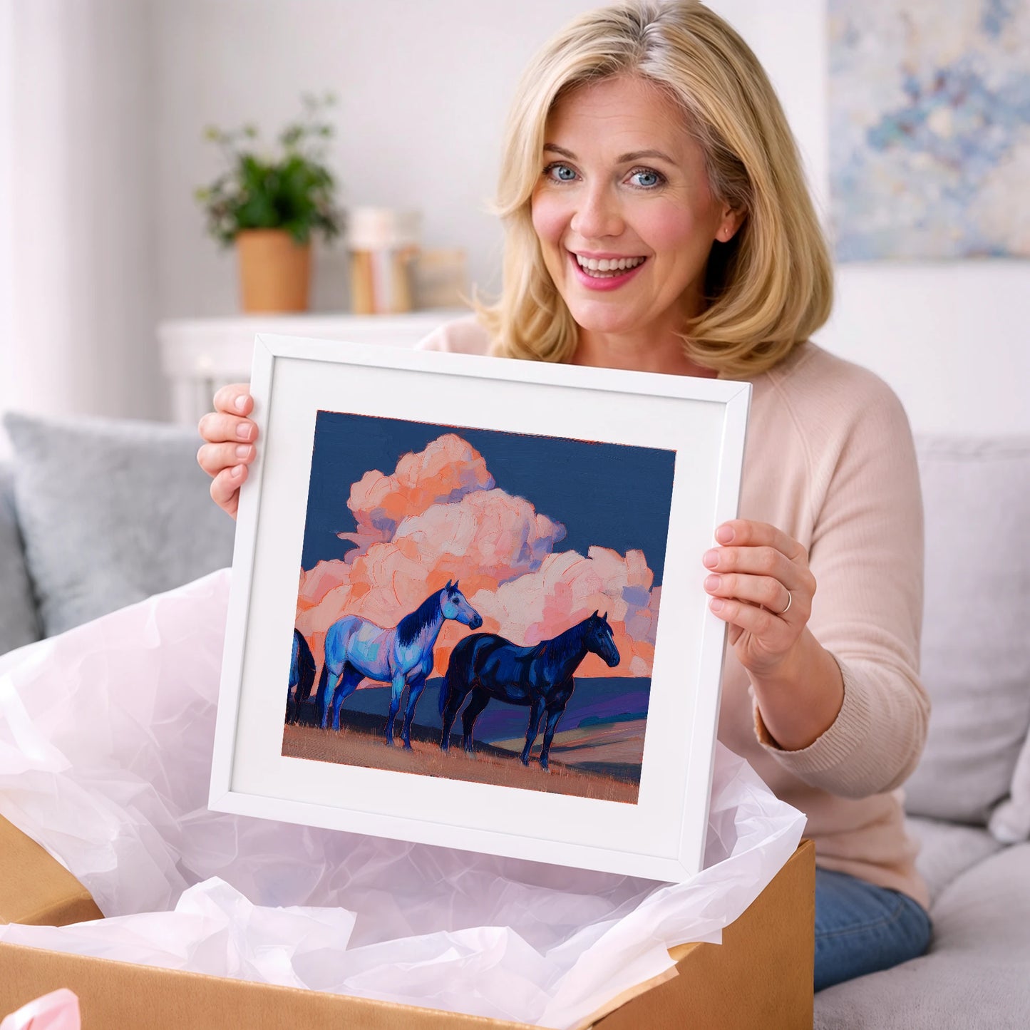 Indigo Horses Beneath Pastel Skies - horse landscape art gift idea for horse lovers