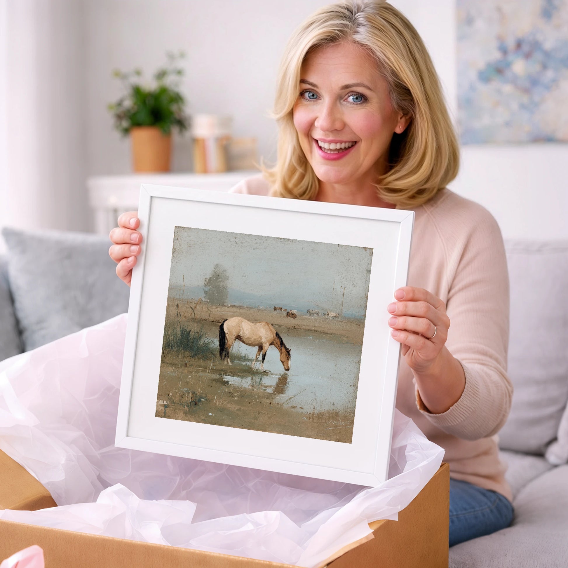 Buckskin by the Shallows - horse landscape art gift idea for horse lovers