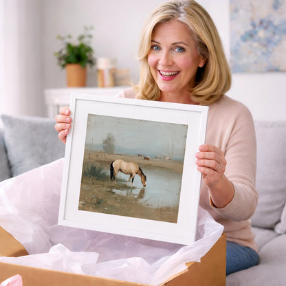Buckskin by the Shallows - horse landscape art gift idea for horse lovers