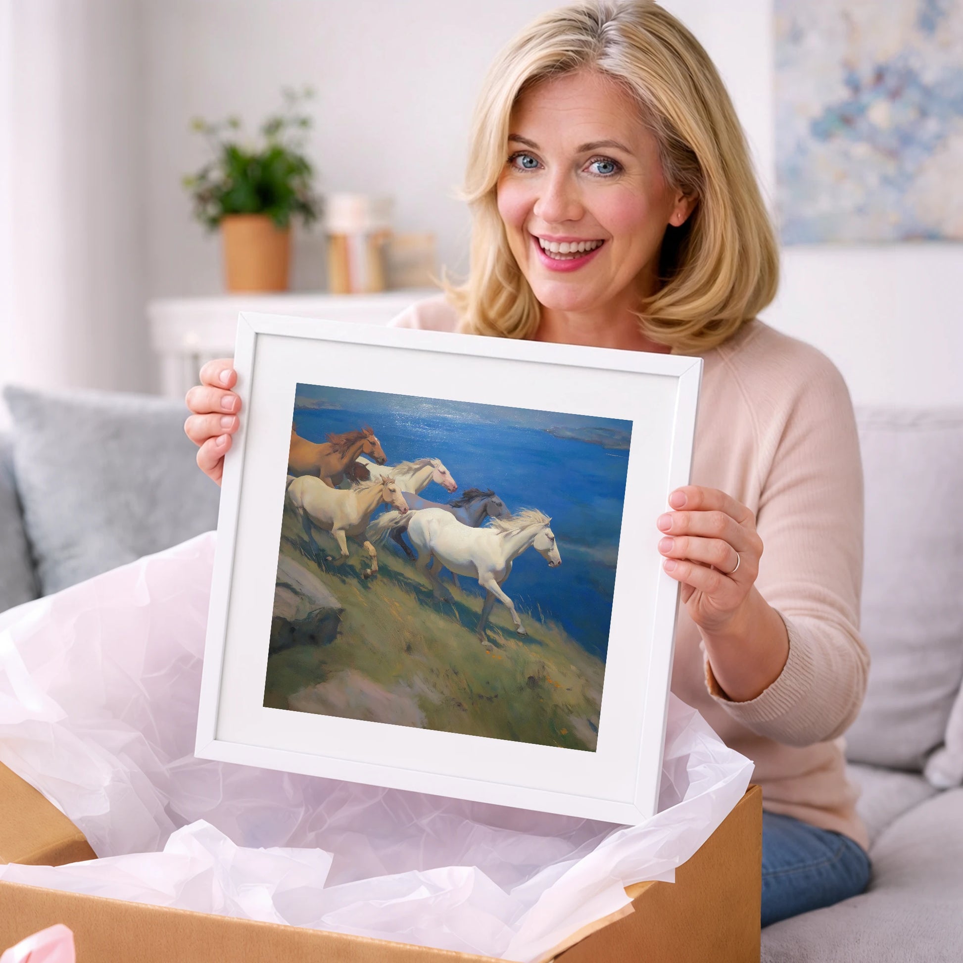 Azure Coastal Gallop - wild horses art gift idea for horse lovers