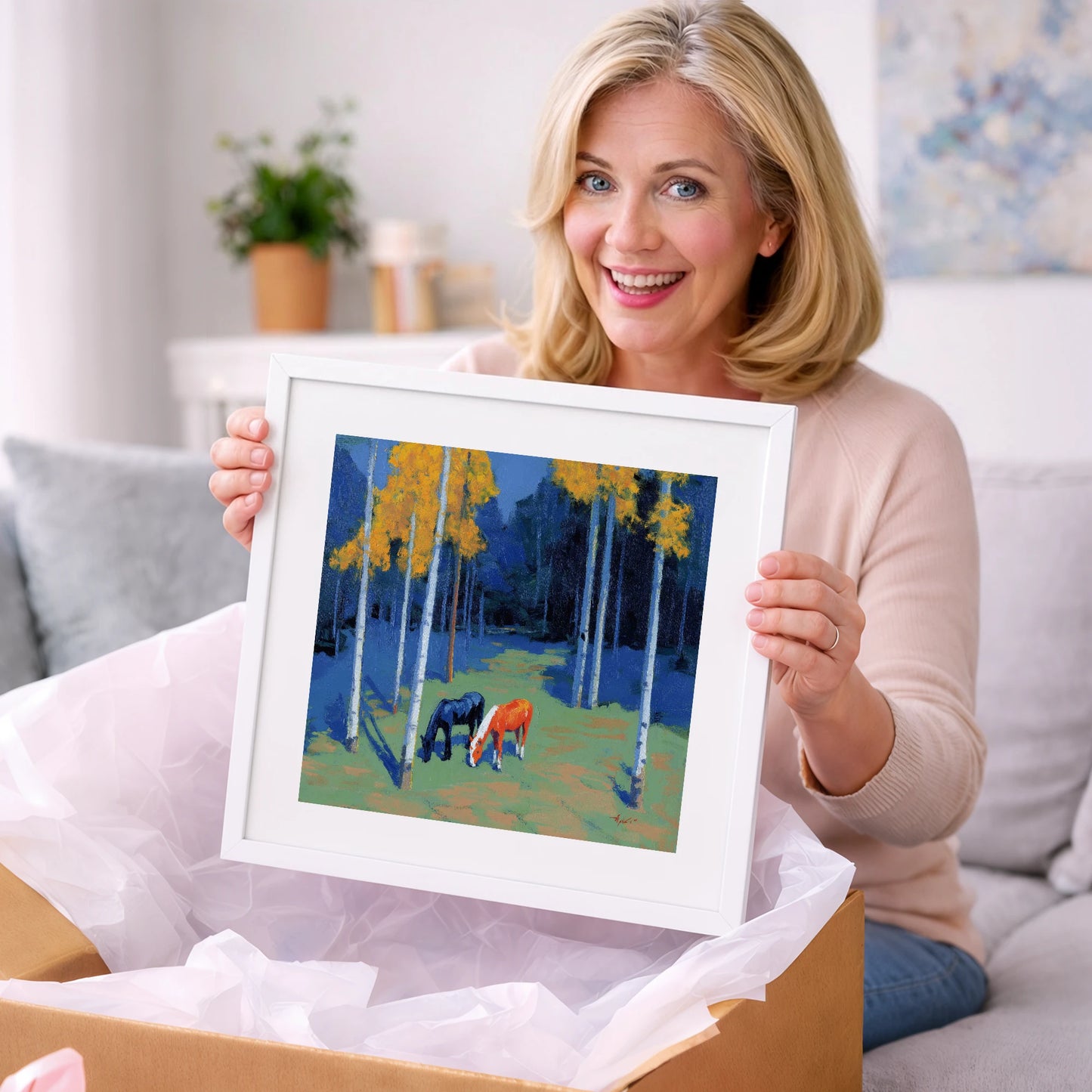 Birch Grove Grazing - horse landscape art gift idea for horse lovers