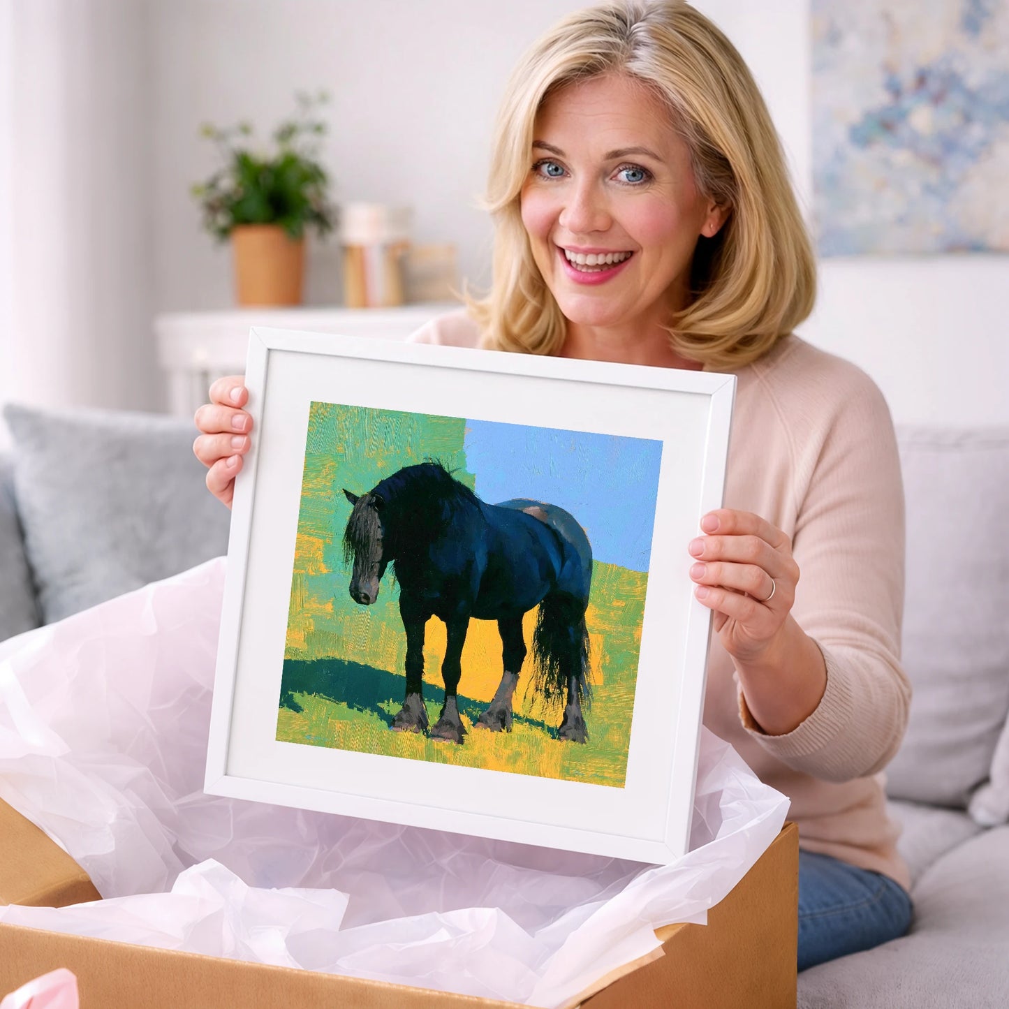 Black Horse Against Vibrant Yellow - horse breed art gift idea for horse lovers