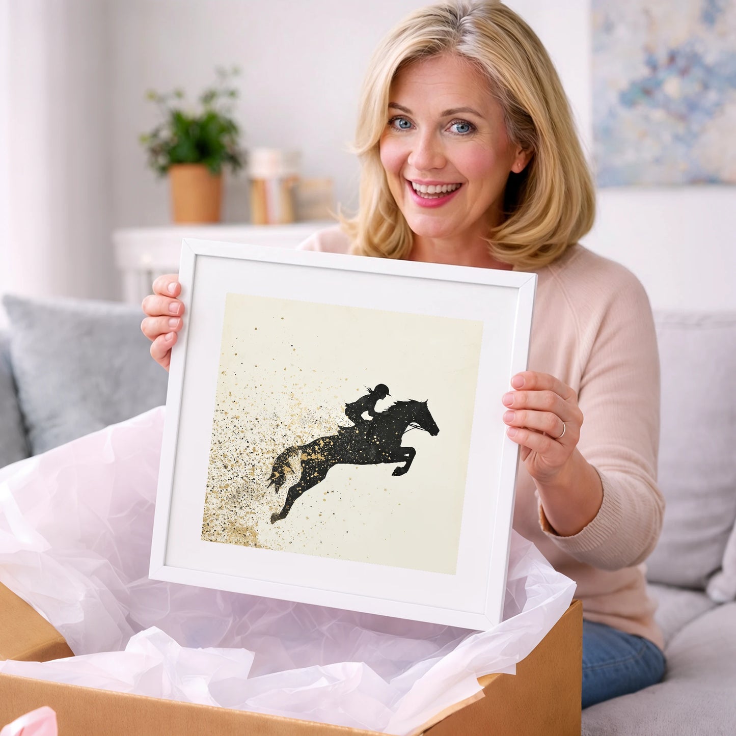 Airborne in Gold - show jumping horse art gift idea for horse lovers