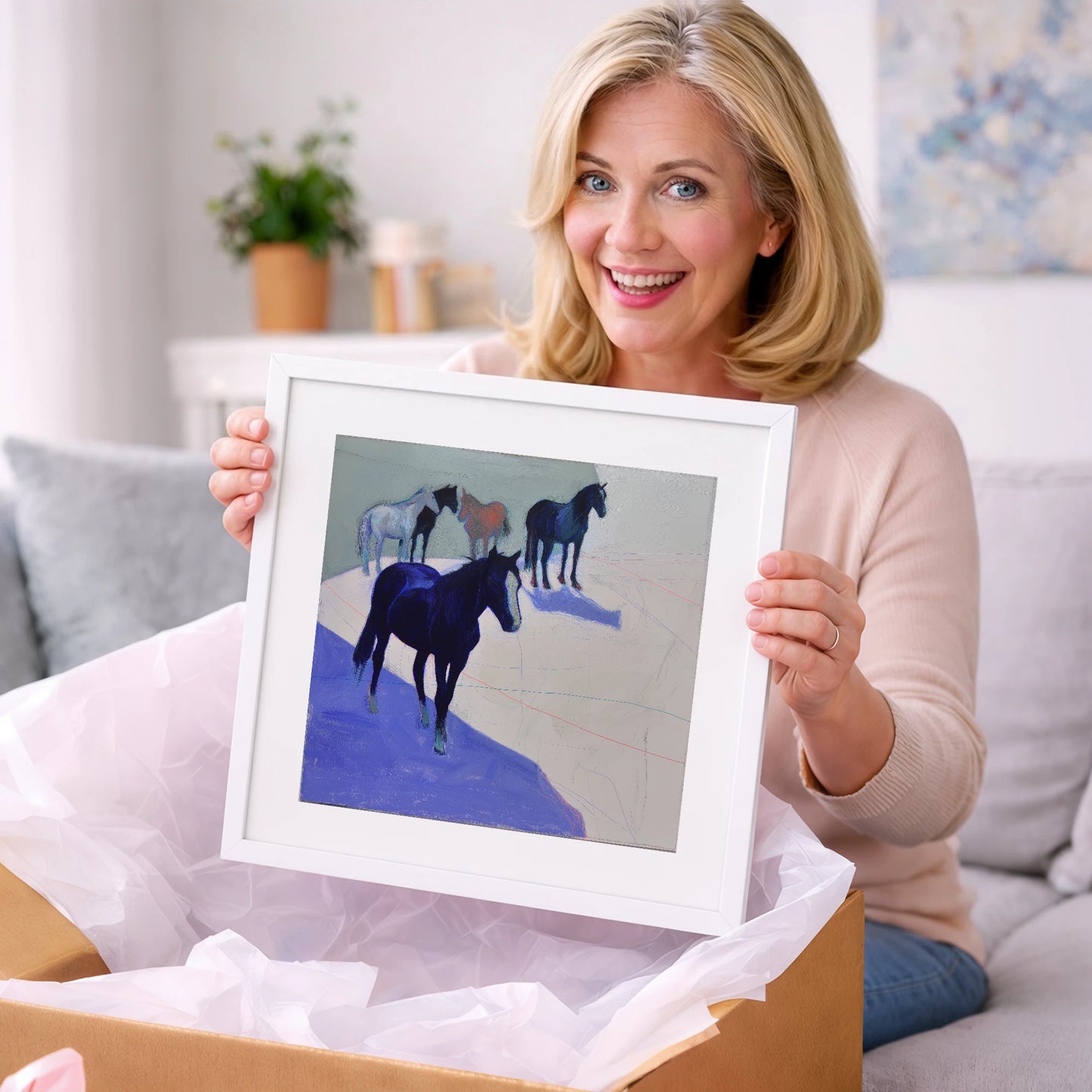 Abstract Herd in Blue - wild horses art gift idea for horse lovers