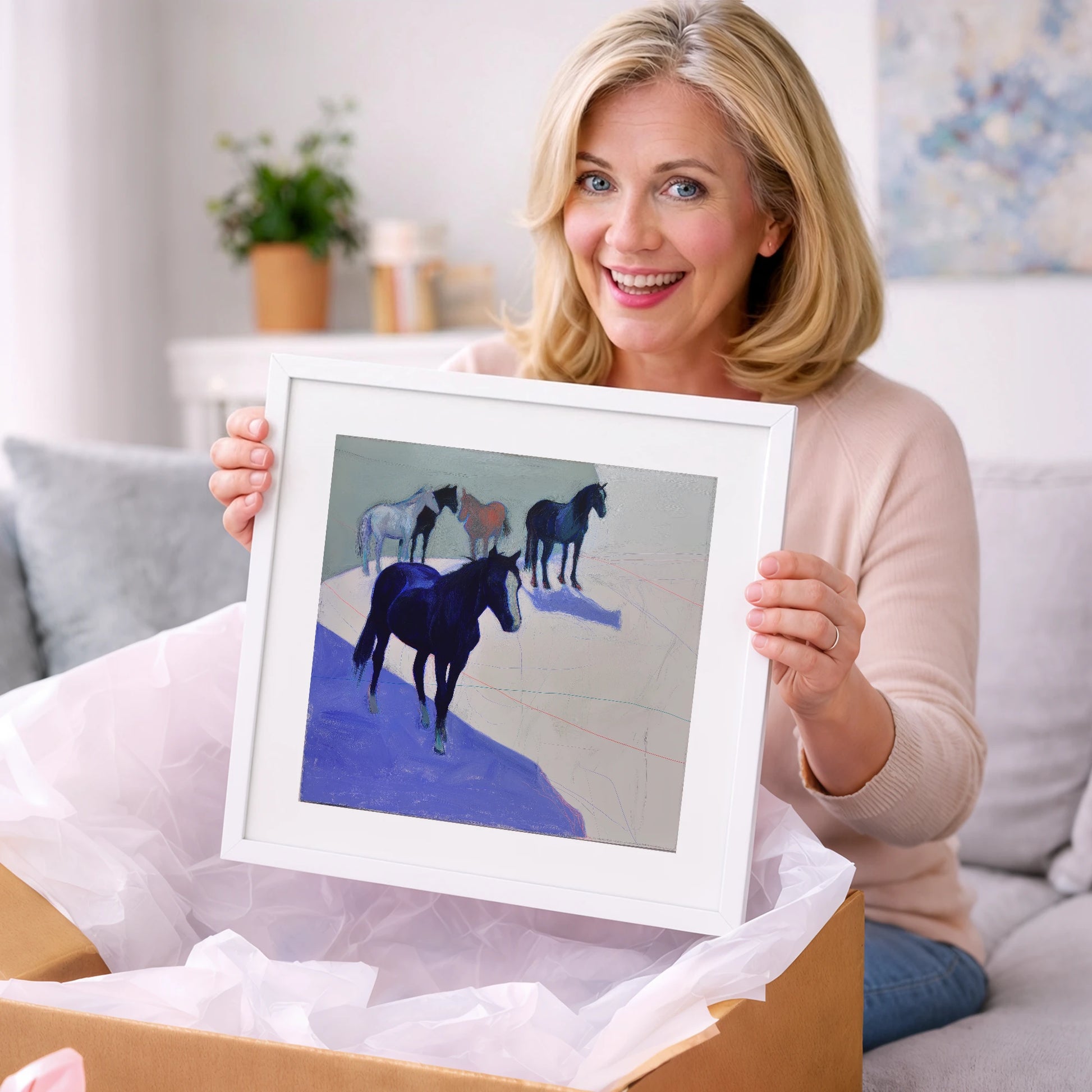 Abstract Herd in Blue - wild horses art gift idea for horse lovers