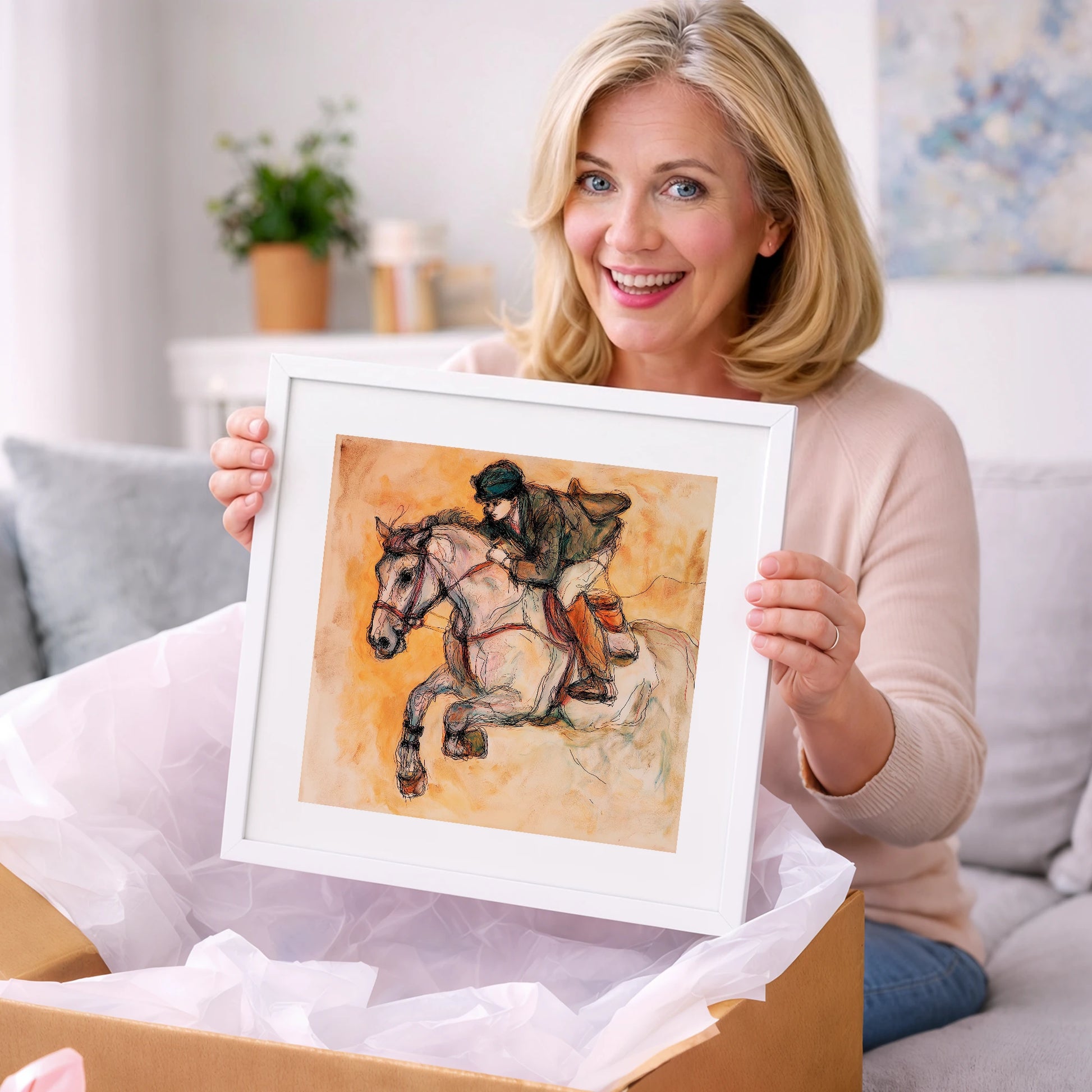 Airborne in Ochre - show jumping horse art gift idea for horse lovers