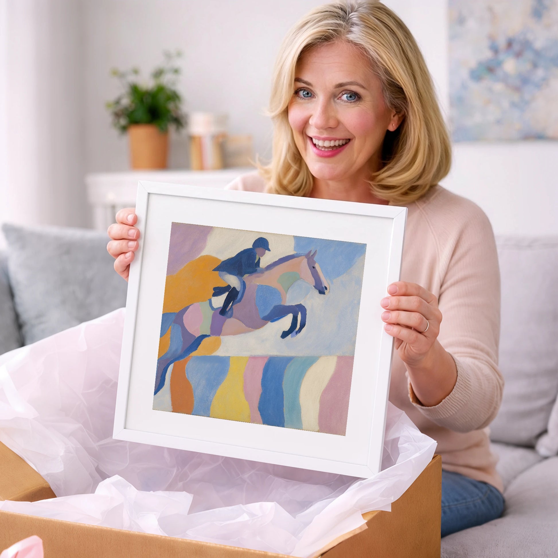 Pastel Abstract Leap - show jumping horse art gift idea for horse lovers