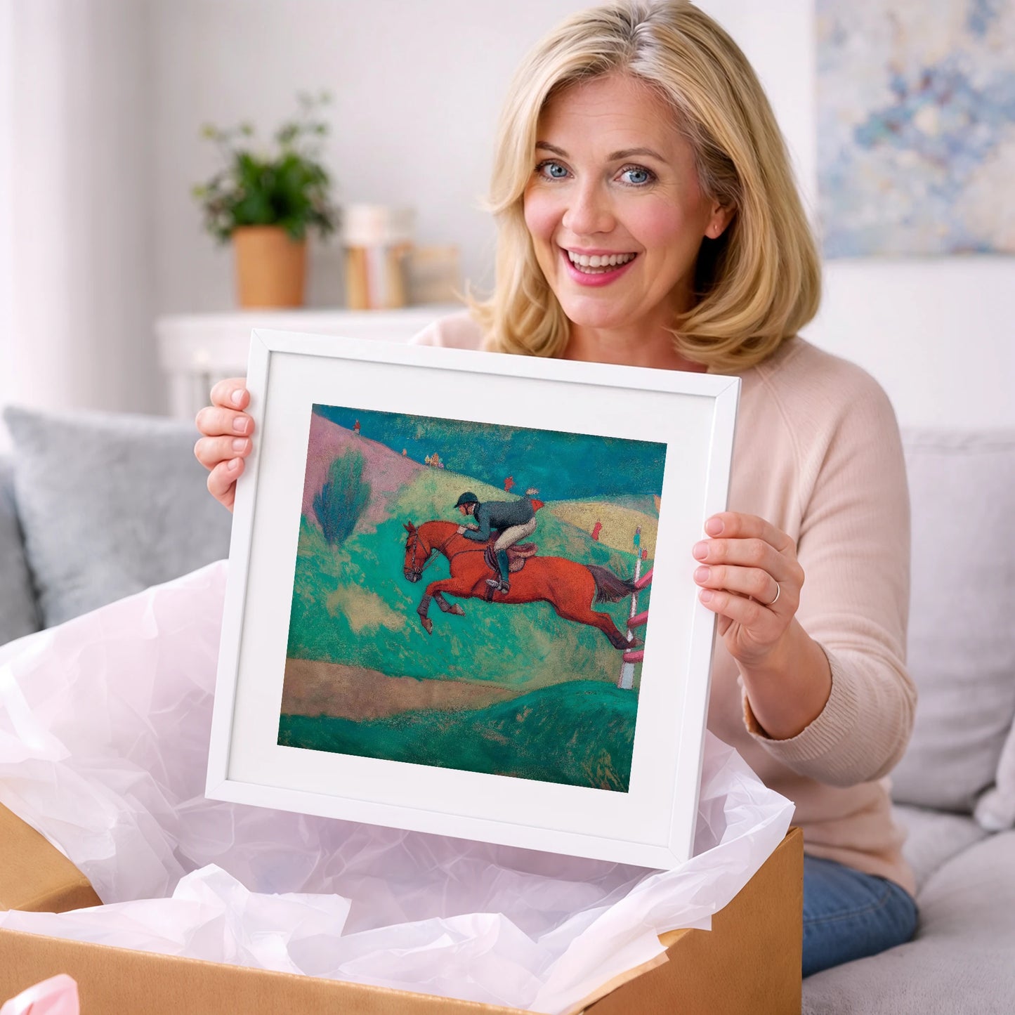 Flight Over Emerald Hills - show jumping horse art gift idea for horse lovers