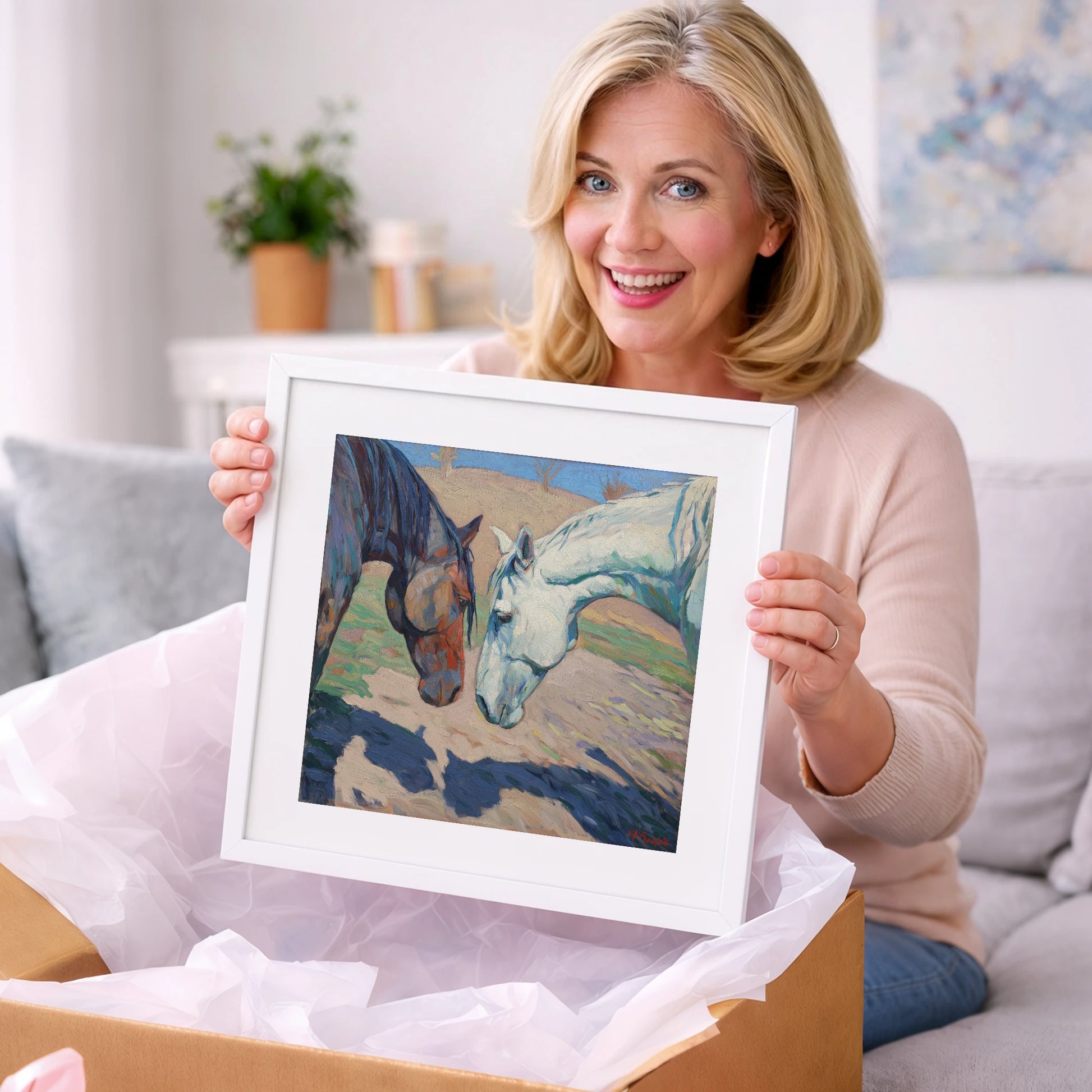 Sunlit Companions - horse portrait art gift idea for horse lovers