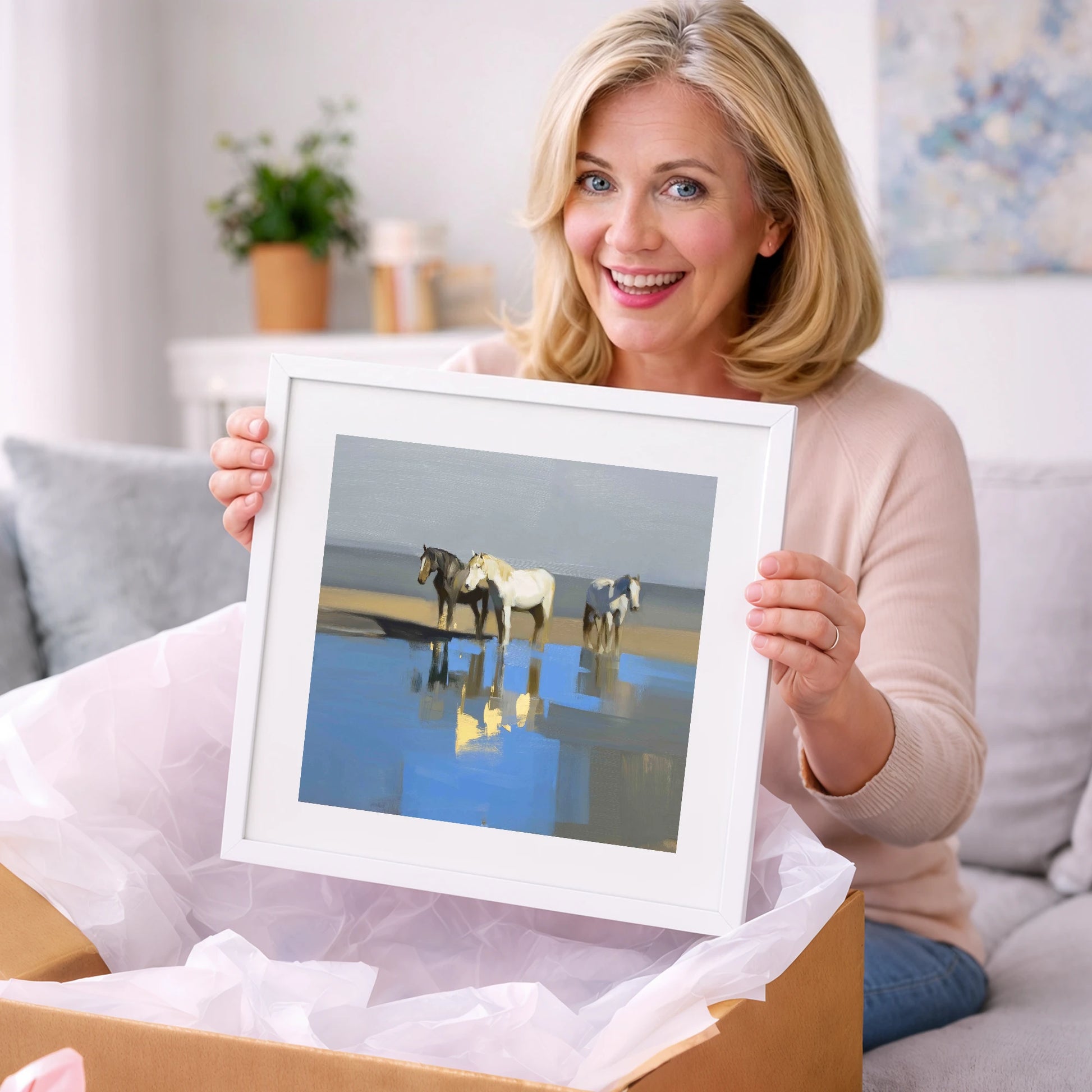 Azure Shore Reflections - wild horses art gift idea for horse lovers