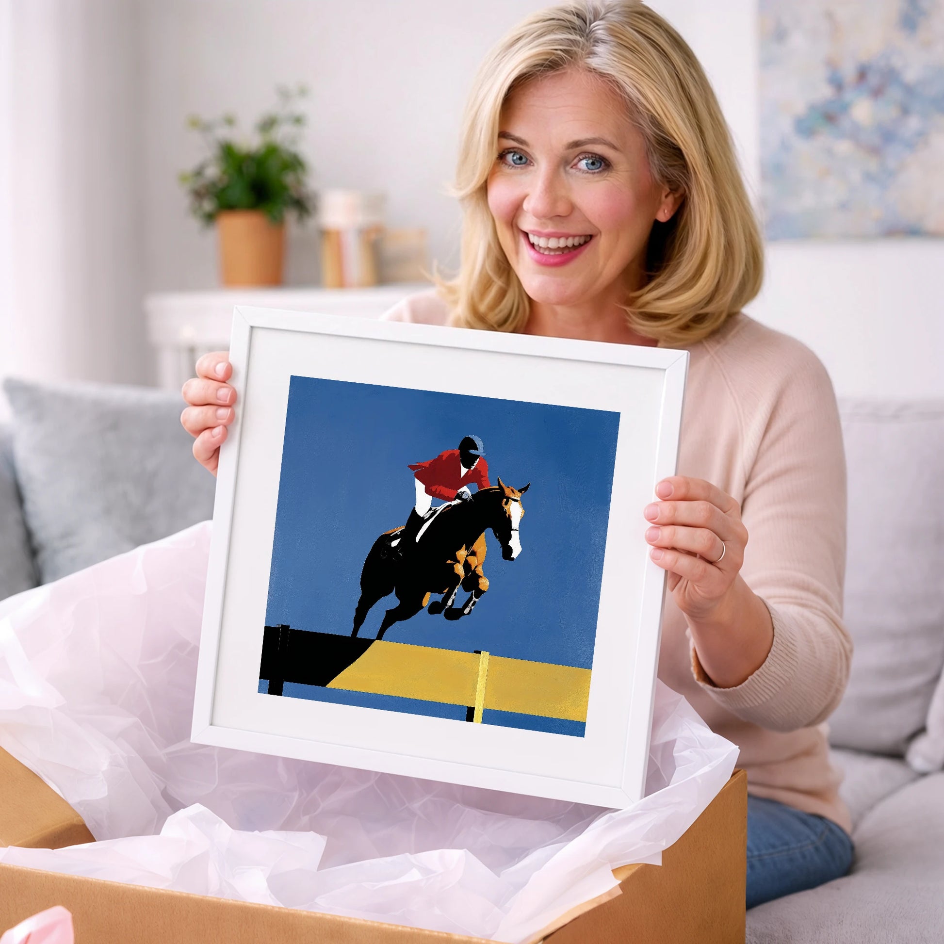 Suspended in Blue - show jumping horse art gift idea for horse lovers