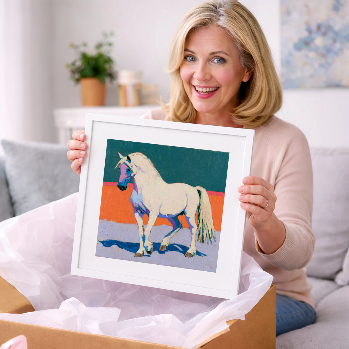 White Horse in Vivid Colours - horse breed art gift idea for horse lovers