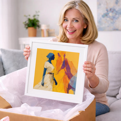 Golden Synchronicity - horse & rider art gift idea for horse lovers